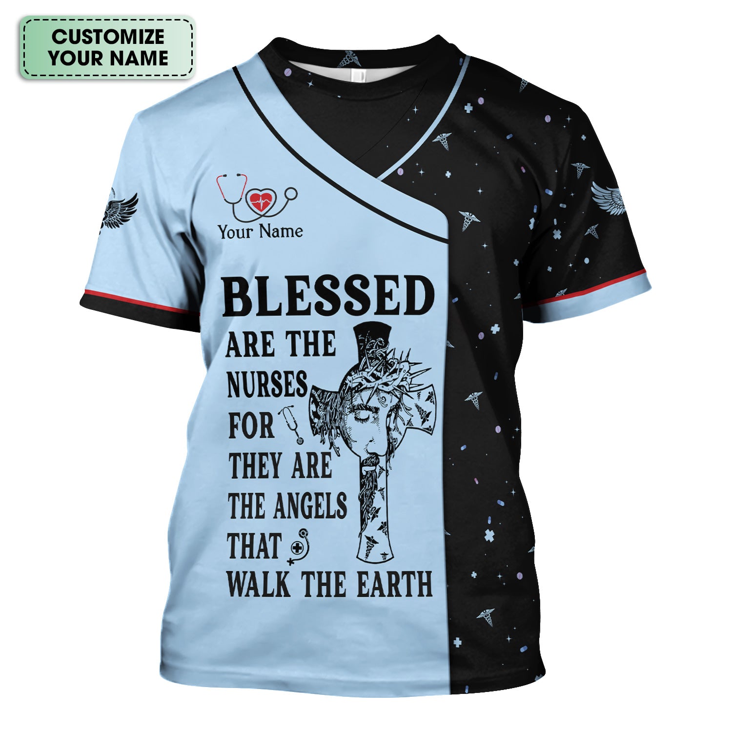 Personalized Christian Nurse Scrub Top - Jesus Cross & Angels That Walk The Earth Quote - Gift for Women RN LPN