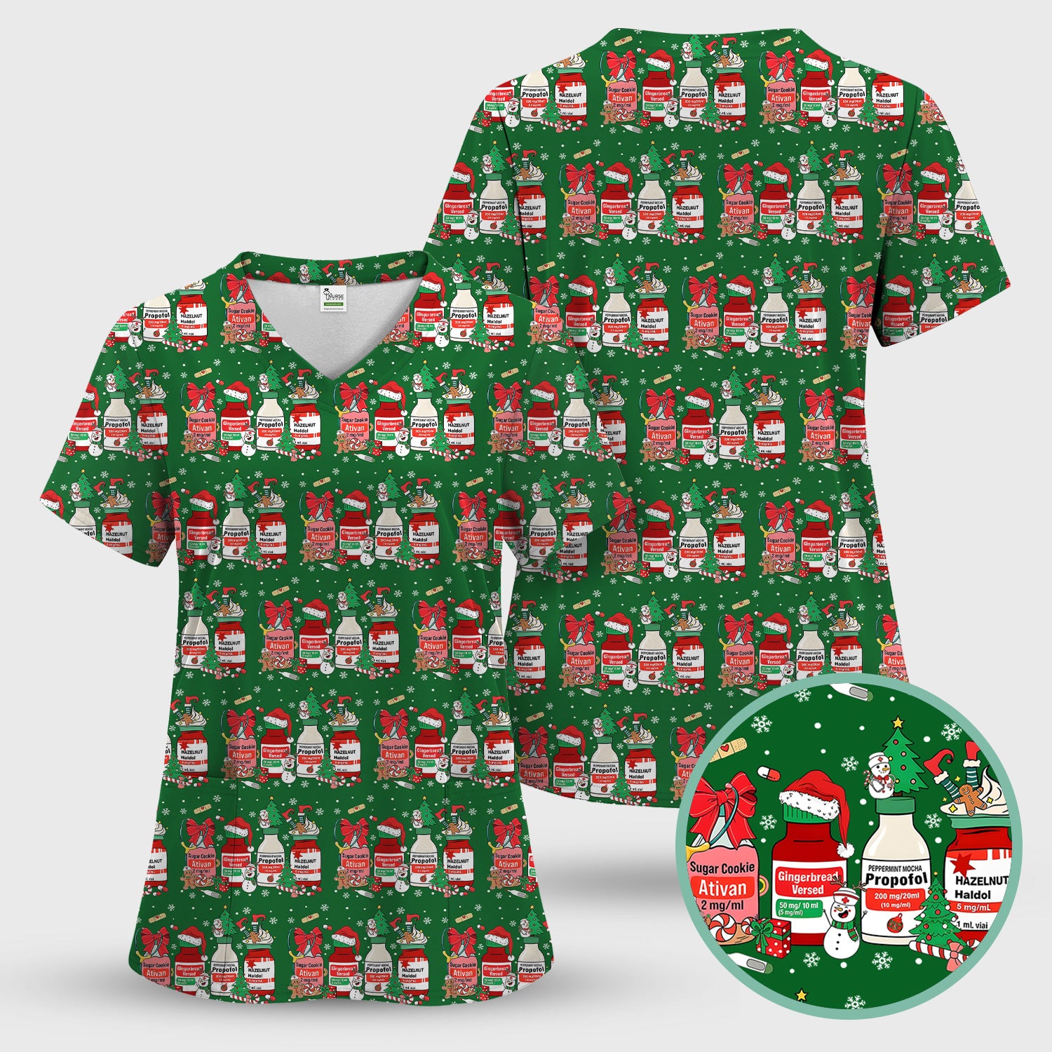 Funny Christmas Medication Scrub Top – Festive Holiday Pharma Bottles Pattern – Playful Medical Uniform for Nurses, Pharmacists & Healthcare Workers