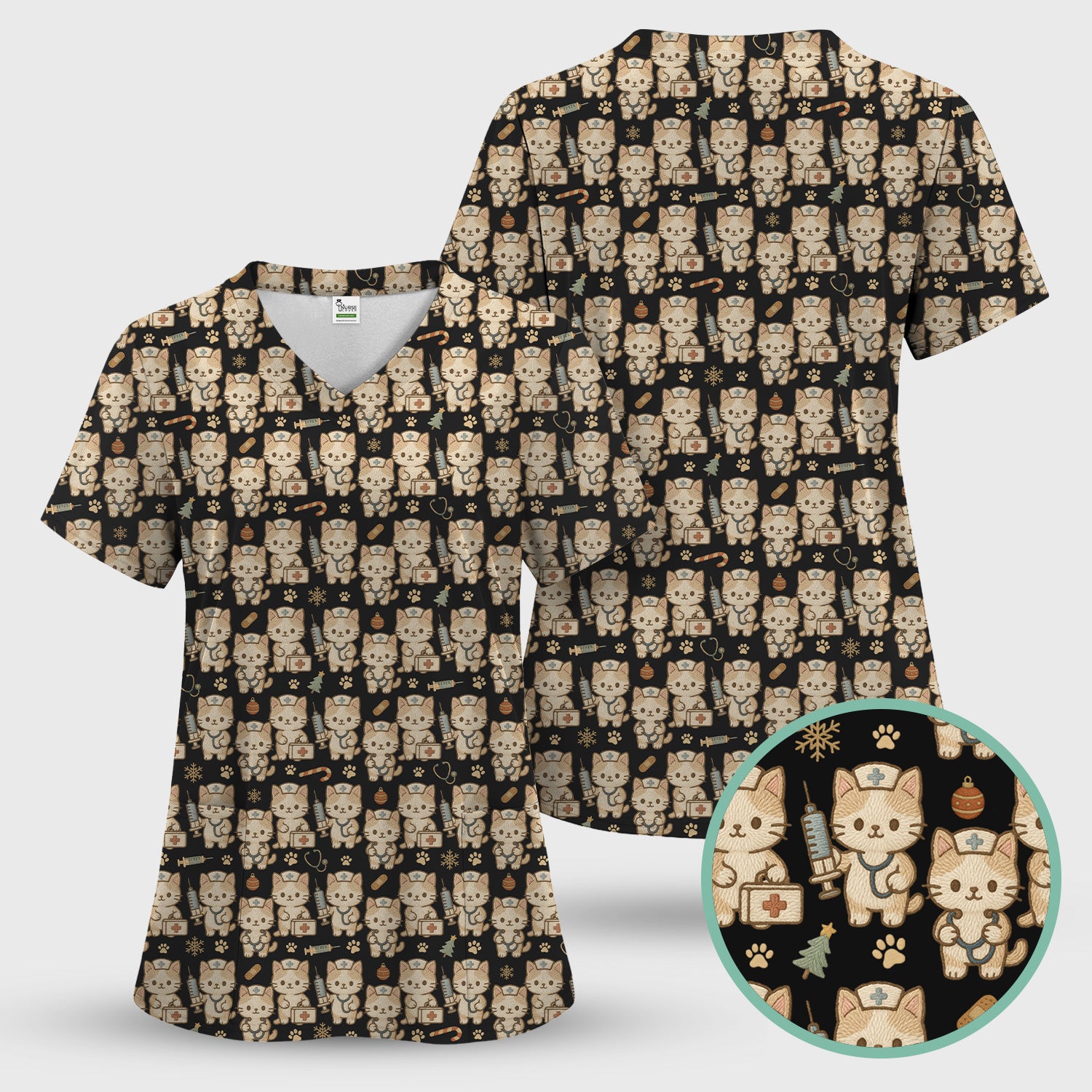 Cute Cat Nurse Christmas Scrub Top, Kawaii Kitty Medical Pattern Shirt, Breathable Fabrics Nursing Uniform