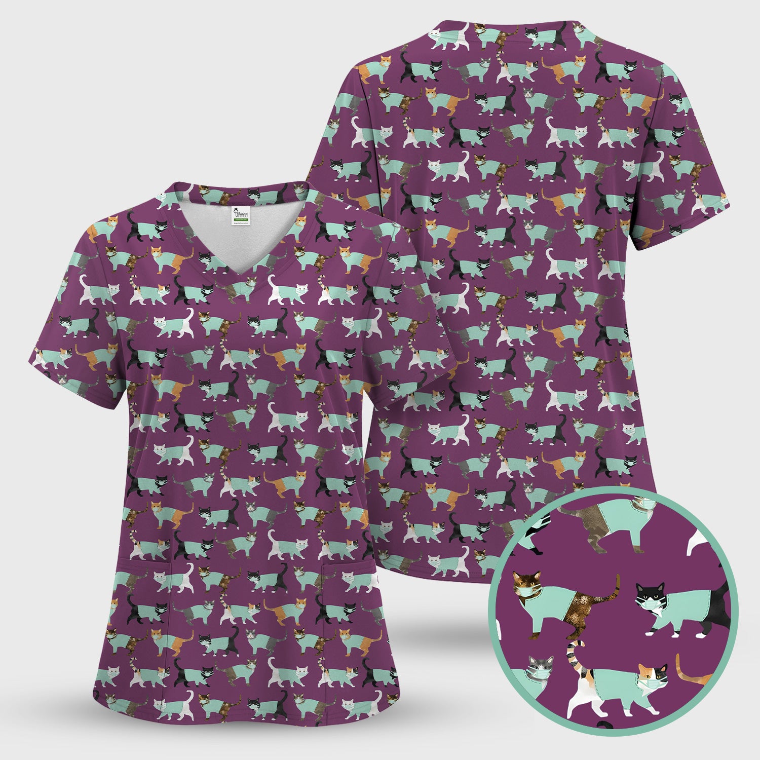 Playful Cat Nurse All Over Print Scrub Set, Scrub Pants and V Neck Top
