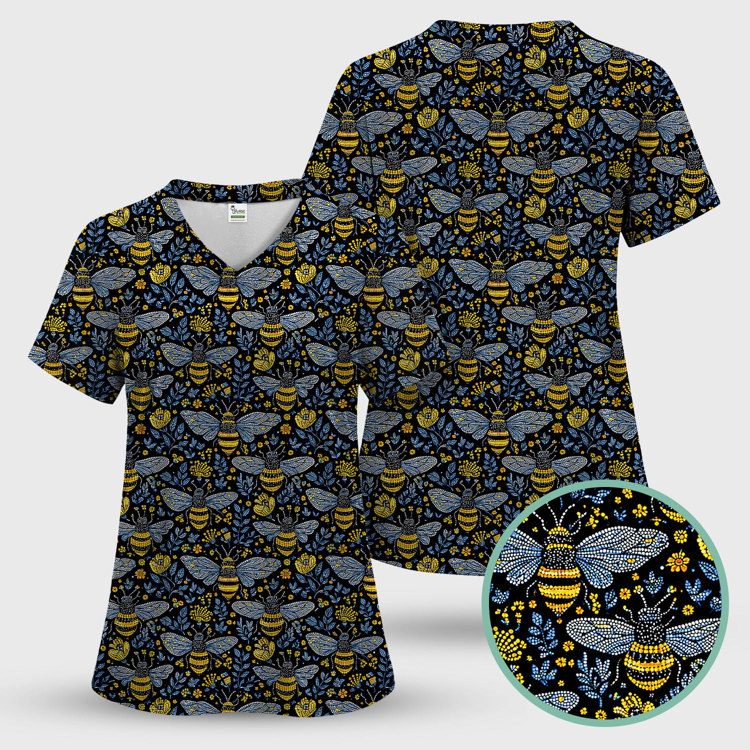Honey Bee And Wildflower Garden Pattern Scrub Set, Scrub Pants and V Neck Top