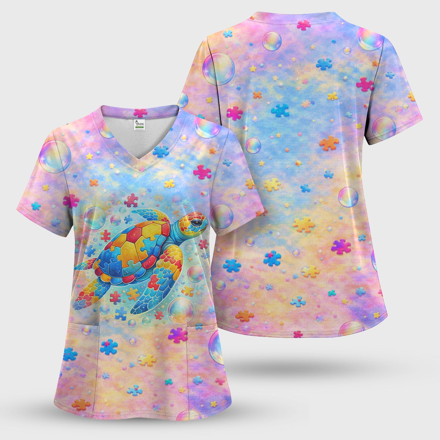 Autism Puzzle Sea Turtle Pastel Rainbow Print Scrub Top, Comfortable Scrubs for Nurses