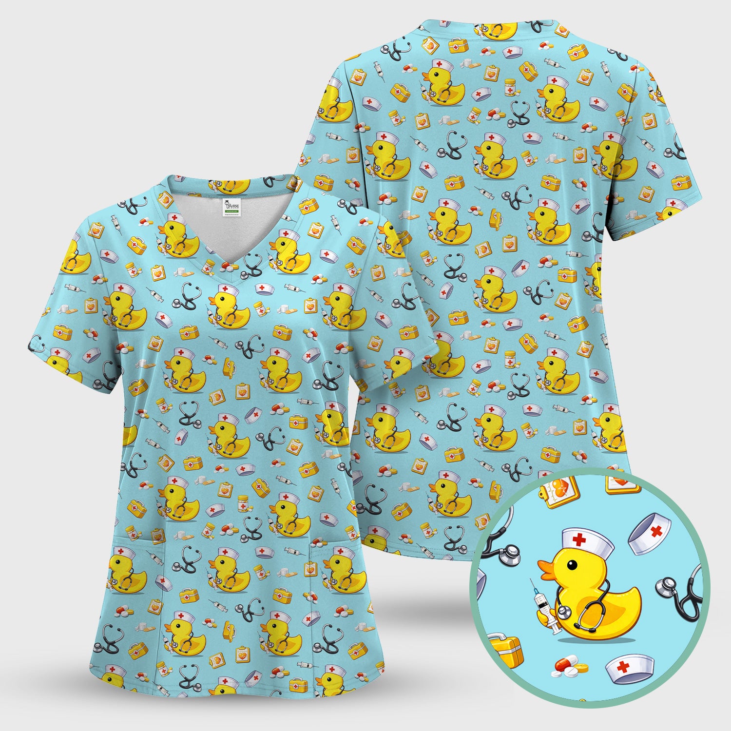 Playful Medical Duck Print Nurse Scrub Top, Comfortable Scrubs for Nurses