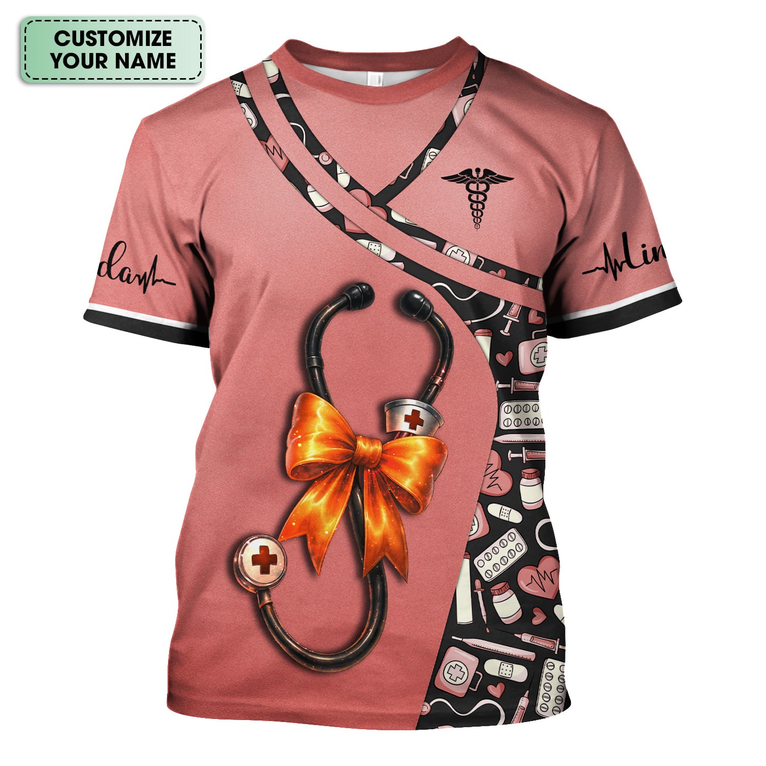 Personalized Halloween Nurse Shirt for Women - Stethoscope Scrub Top with Bow Design - Custom Name RN LPN CNA Gift