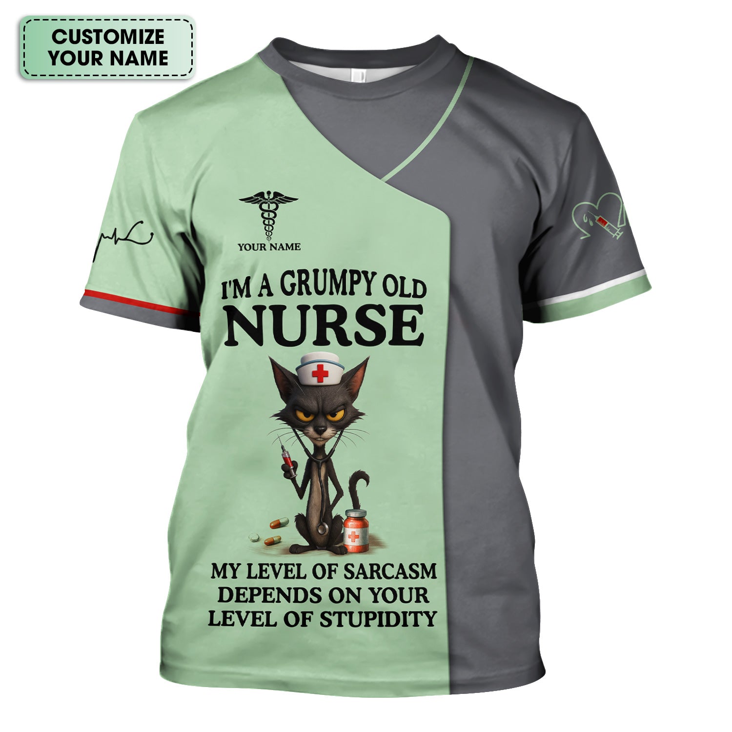 Funny Grumpy Old Nurse Shirt - Sarcastic Black Cat Humor for RN LPN CNA - Custom Name Gift for Nursing Staff Healthcare Workers