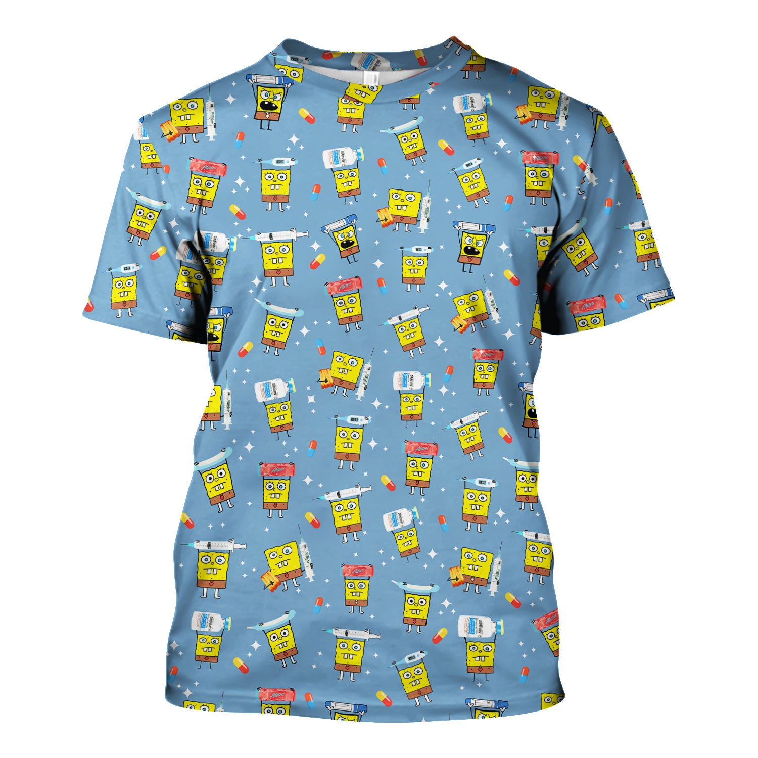 Cartoon Character Scrub Top - All-Over Print Doodle Medical Characters - Gift for RN LPN Healthcare Workers