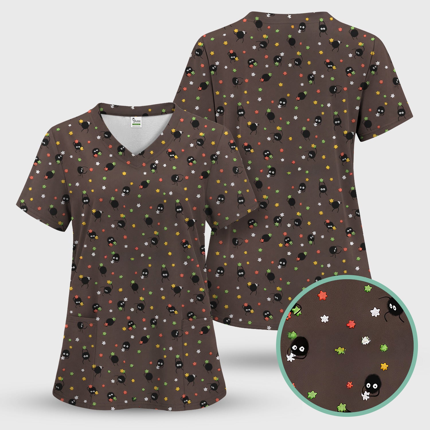 Funny Spider Pattern Pattern Pattern Scrub Top, Cartoon Spider Pattern Nursing Uniform For Women