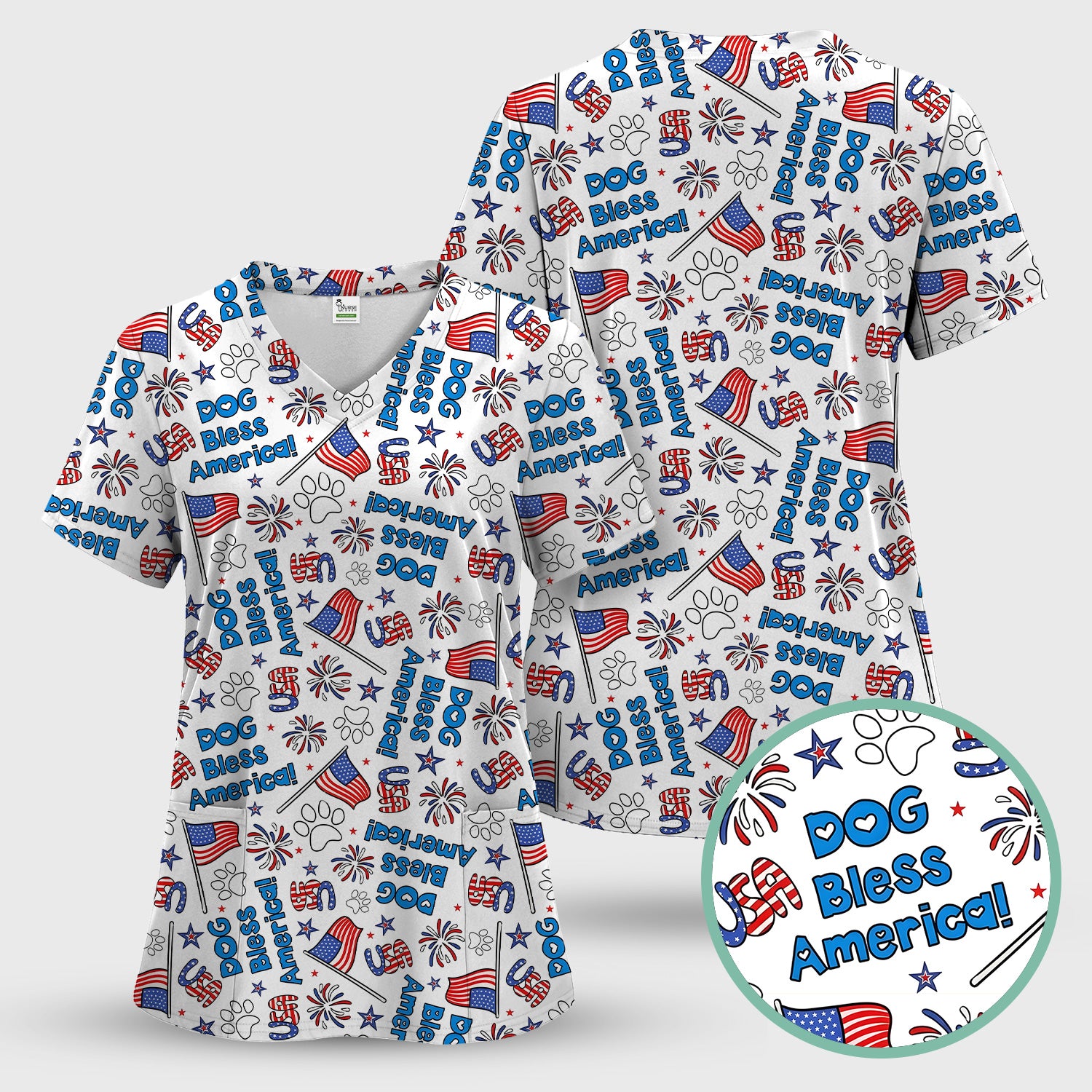 Funny Patriotic Dog Bless America Flag Pattern Scrub Set, Scrub Pants and V Neck Top