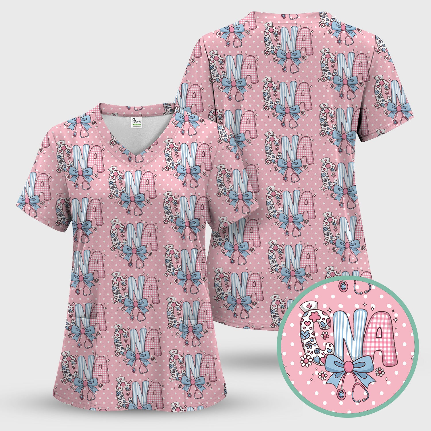 Cute CNA Floral Bow Pattern Scrub Top, Breathable Fabrics Nursing Uniform