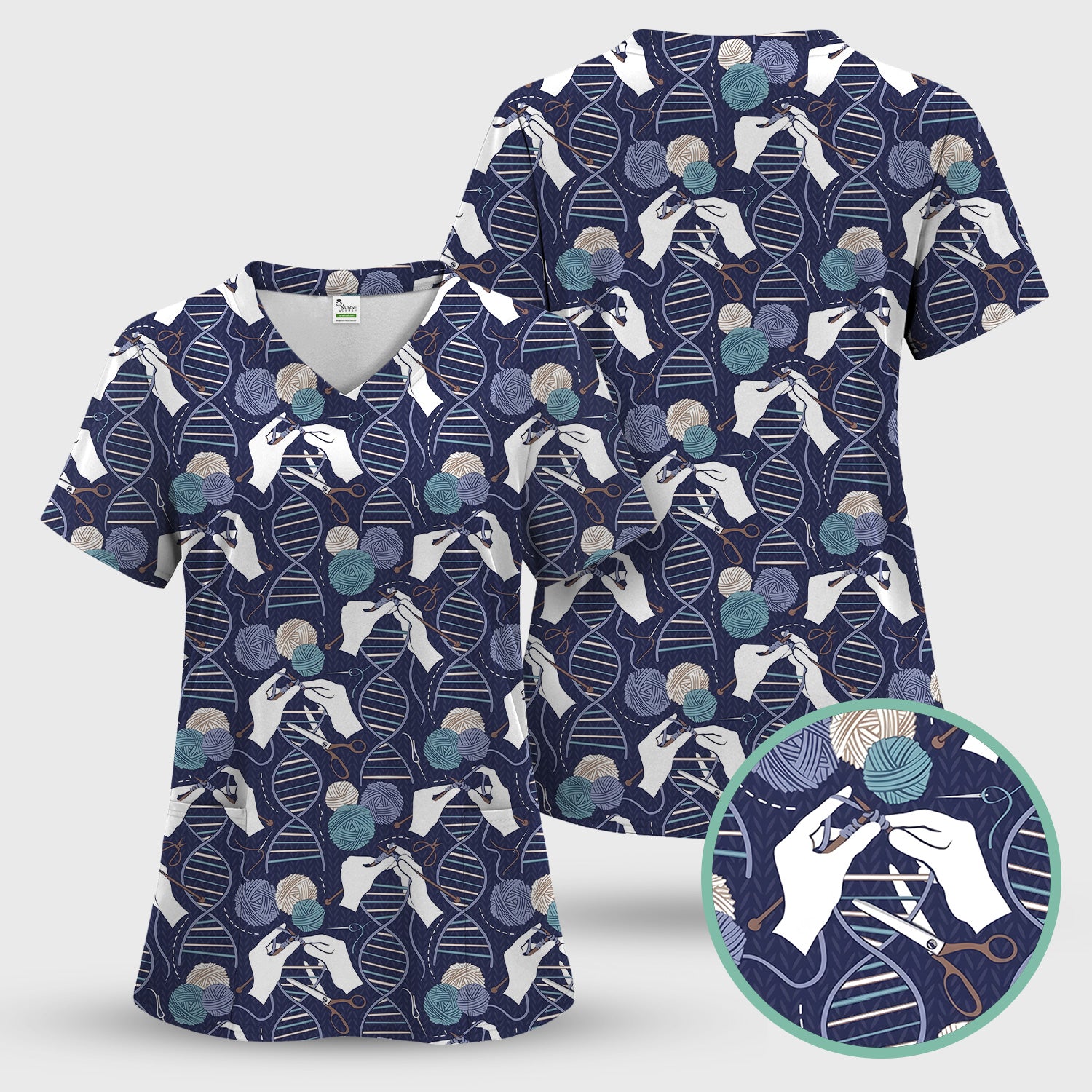 DNA Helix Yarn Pattern Scrub Set, Scrub Pants and V Neck Top
