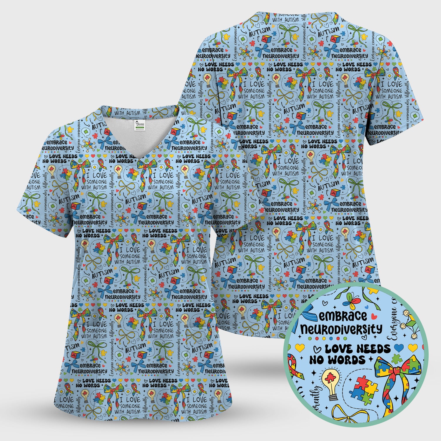 Autism Awareness Puzzle Ribbon Pattern Scrub Set, Scrub Pants and V Neck Top
