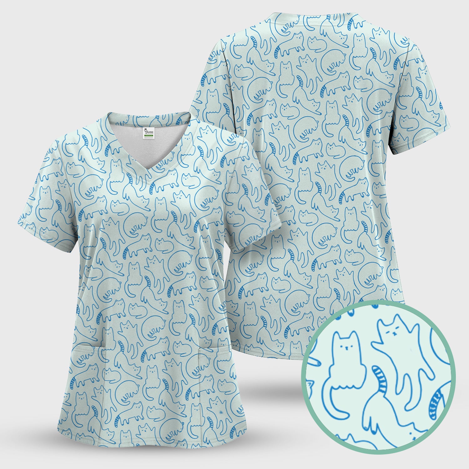 Artistic Cat Pattern Medical Scrub Top, Breathable Fabrics Nursing Uniform