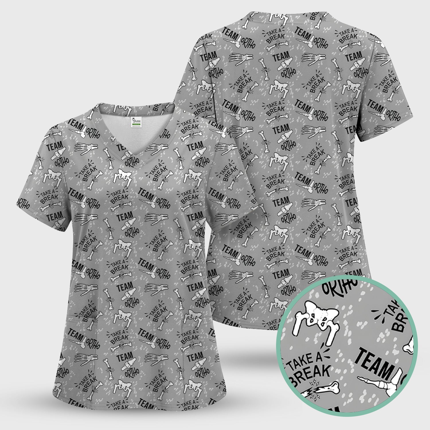 Team Ortho Bone Joint Print Scrub Top, Breathable Fabrics Nursing Uniform