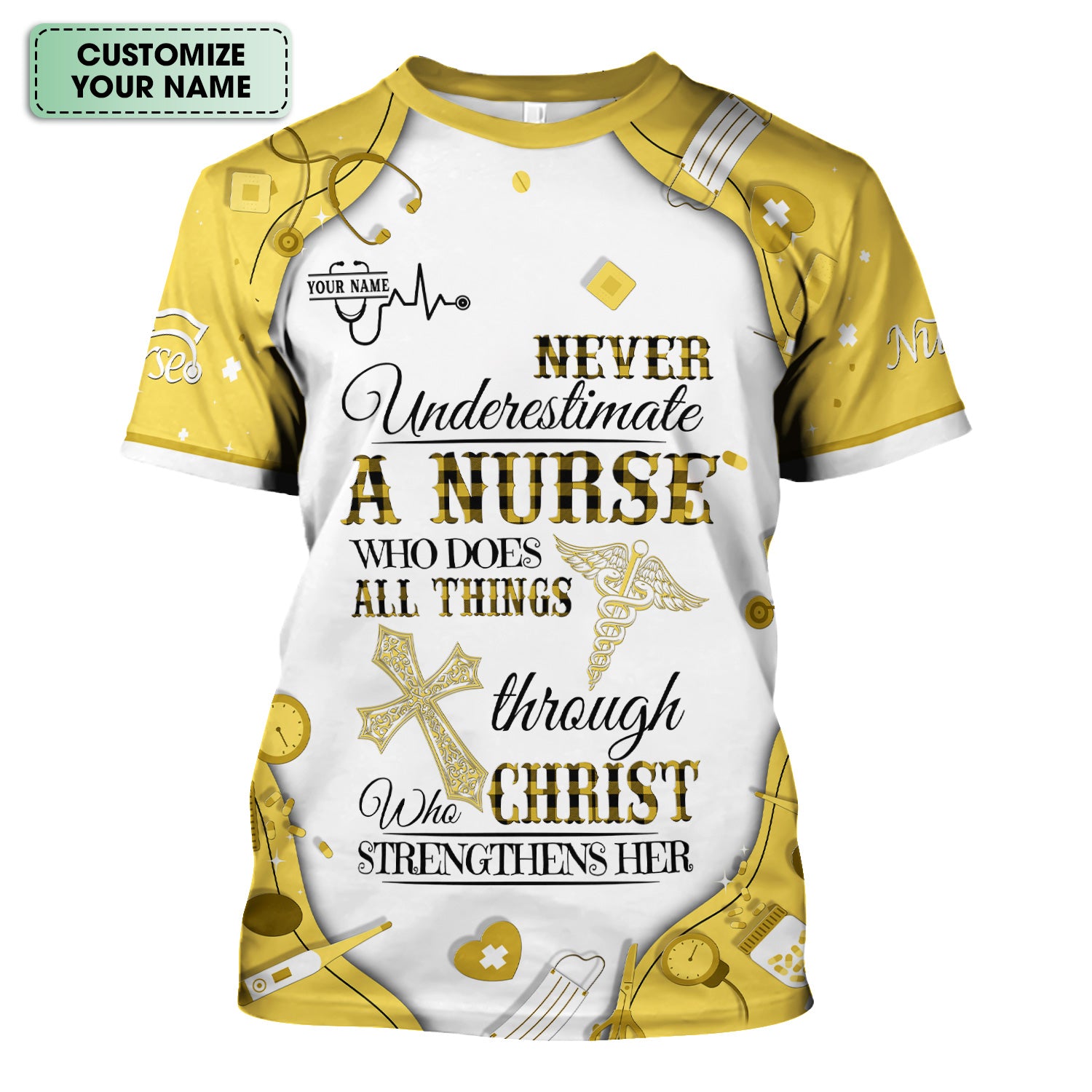 Faith-Based Personalized Nursing Scrub for Women - Bible Verse All Things Through Christ - Gift for RN, LPN, CNA Healthcare Professionals