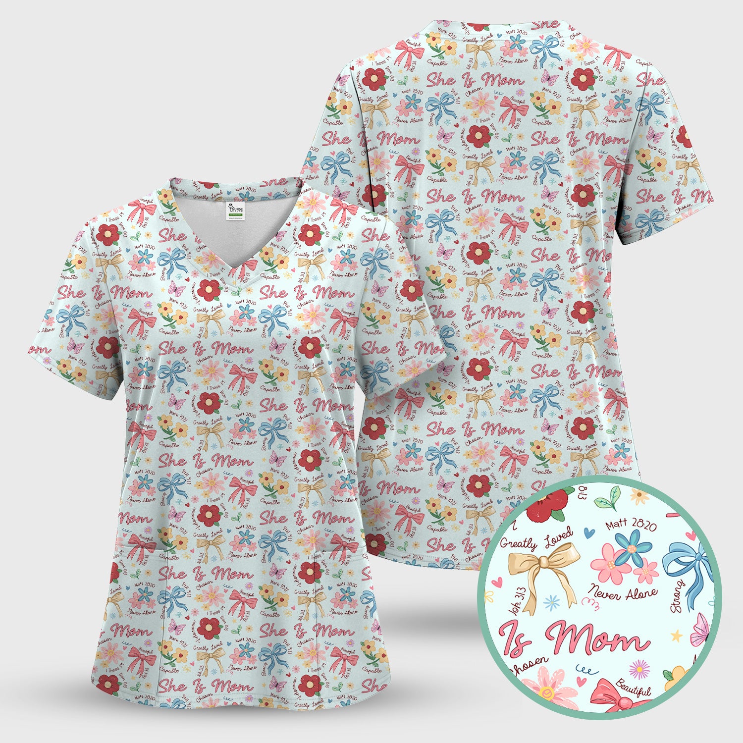 She Is Mom Floral Bow Pattern Scrub Top, Comfortable Scrubs for Nurses