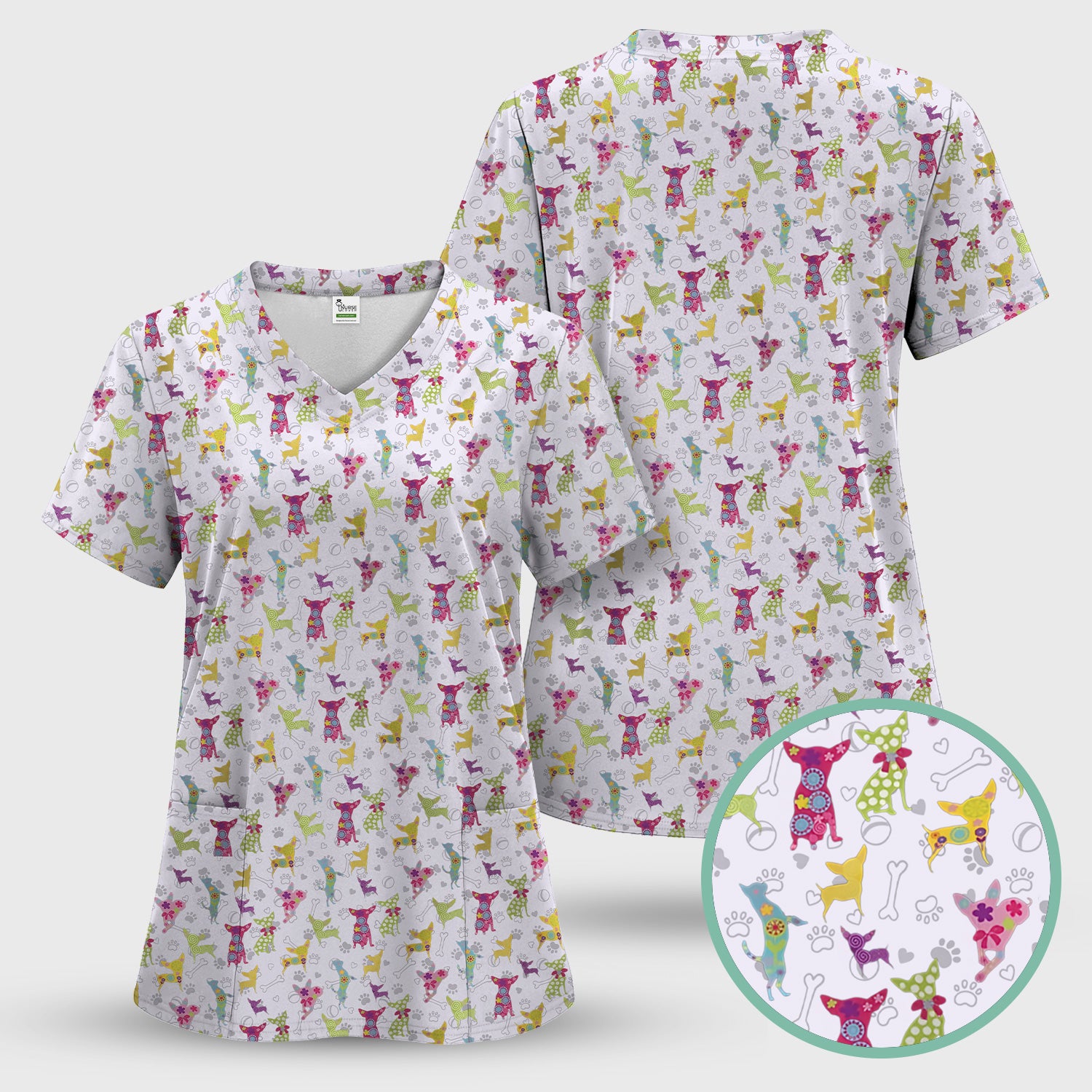 Colorful Playful Dog Print Nurse Scrub Top, Comfortable Scrubs for Nurses