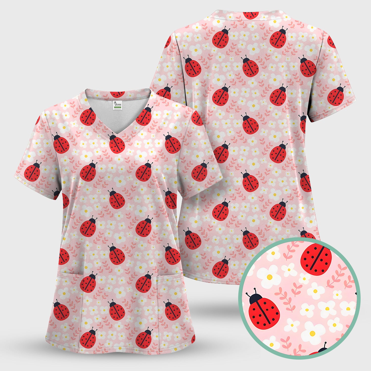 Cute Ladybug Blossom Print Scrub Top, Pastel Garden Medical Scrubs for Women