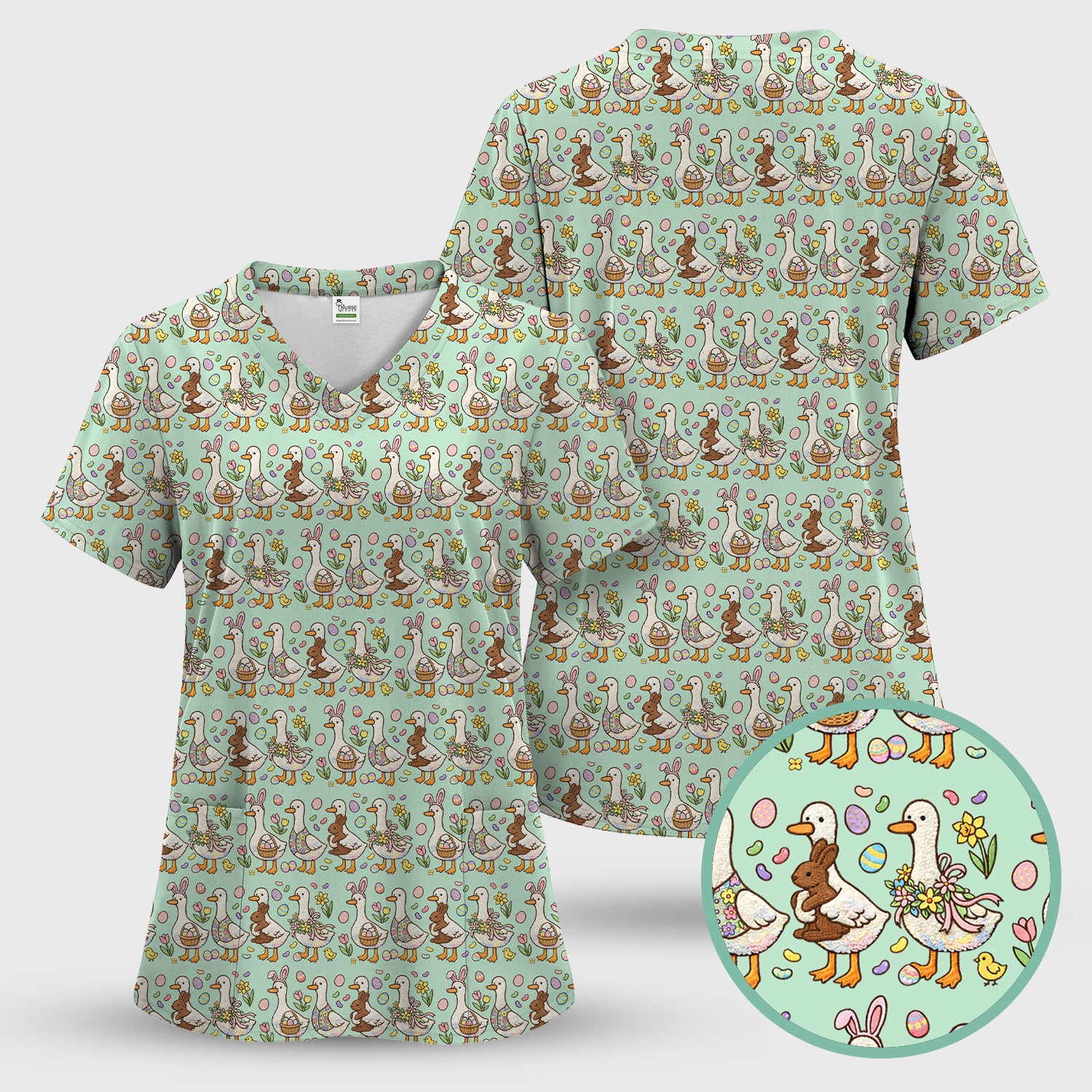Easter Theme Duck and Bunny Egg Floral Print Scrub Top, Comfortable Scrubs for Nurses