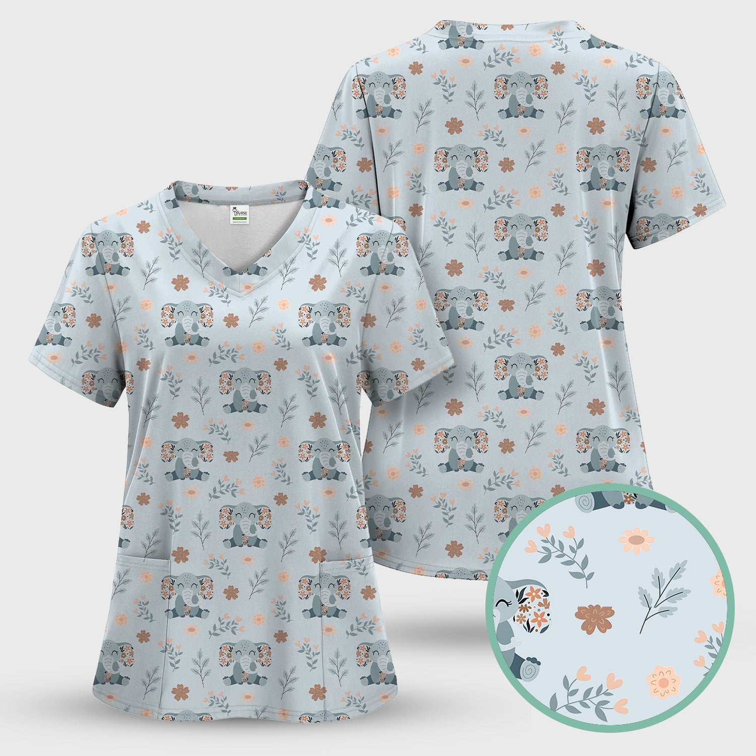 Cute Elephant Floral Print Scrub Top, Comfortable Scrubs for Nurses