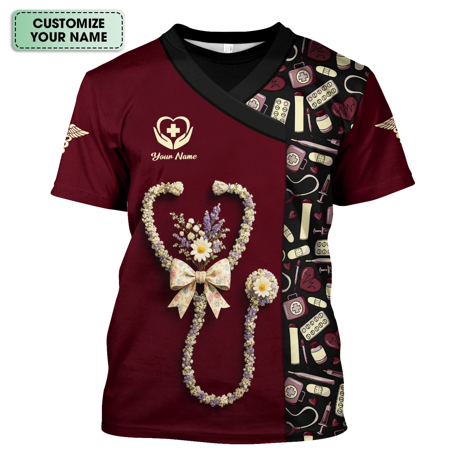 Colorful Nurse Scrubs for Women RN CNA LPN - Inspirational Floral Stethoscope Top with Heart Design - Gift for Healthcare Workers with Custom Name