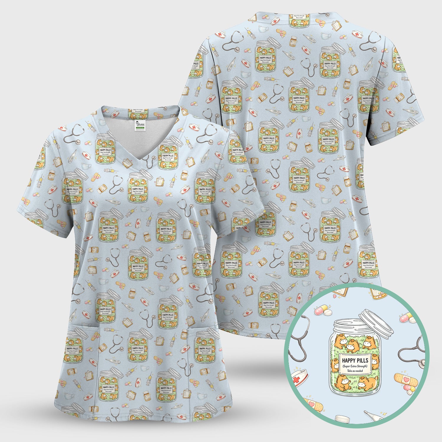 Happy Pills Horse Medical Print Nurse Scrub Top, Comfortable Scrubs for Nurses