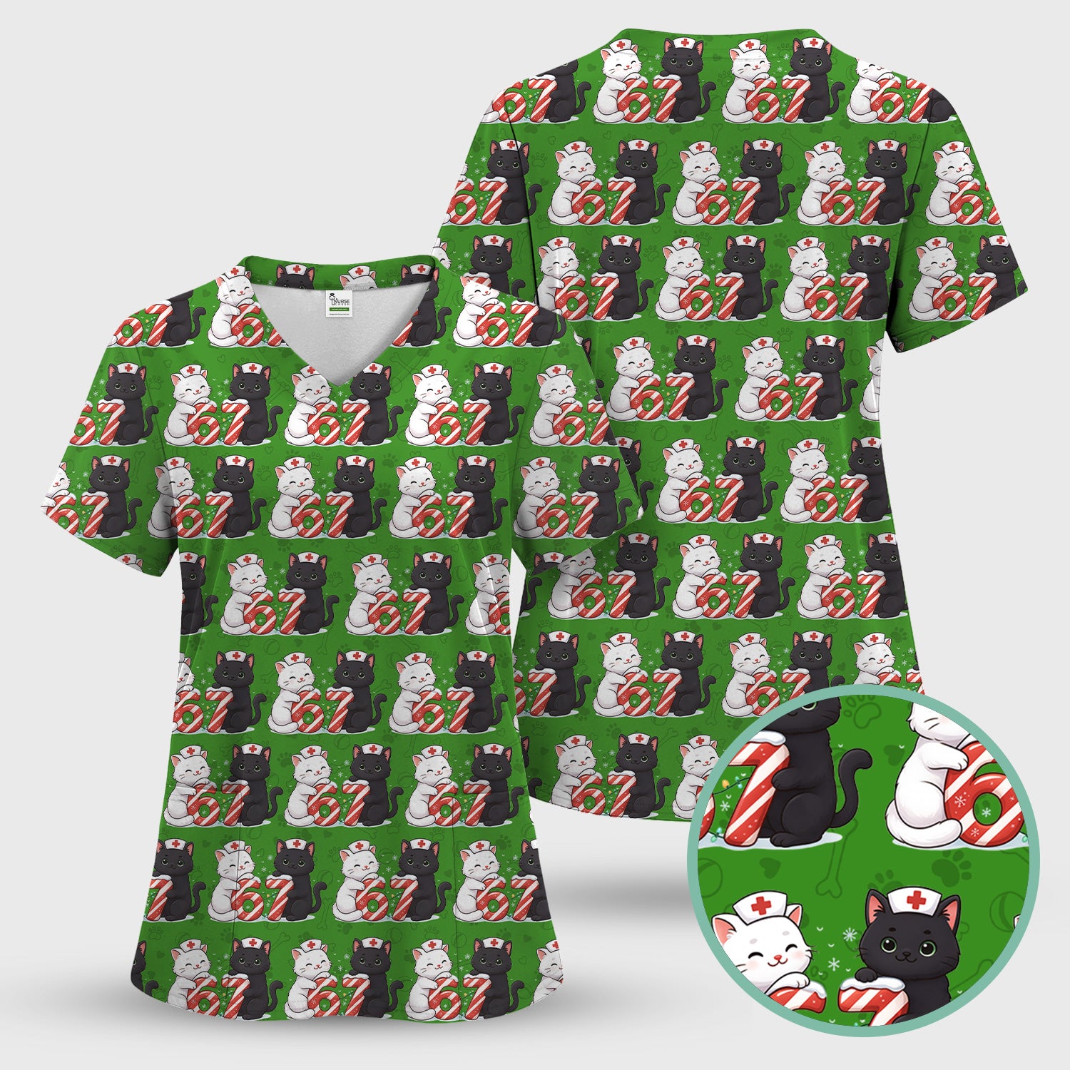 Xmas Cat Pattern Scrub Top, Christmas Nurse Six Seven With Cat Scrub Shirt, Breathable Fabrics Nursing Uniform