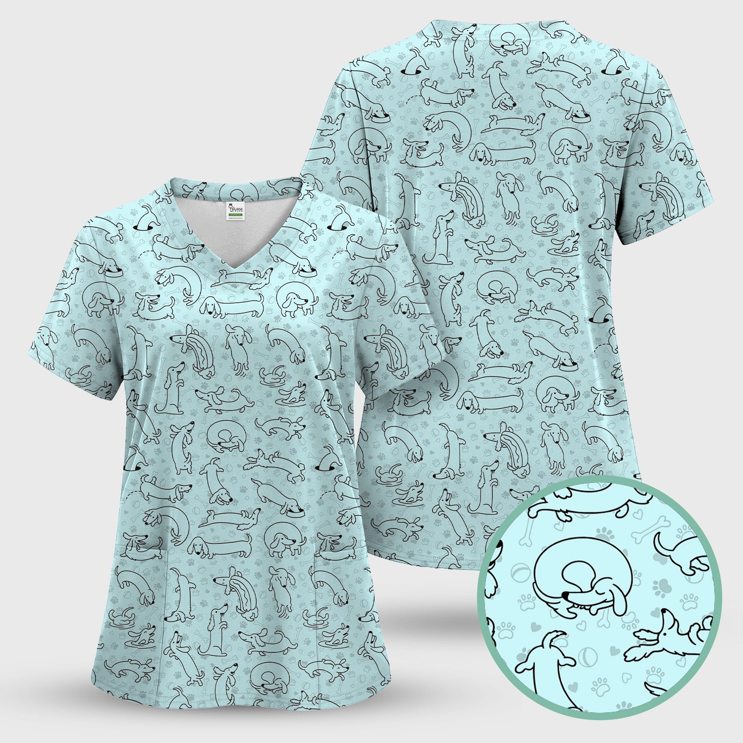 Playful Dachshund Dog Line Art Print Scrub Top, Comfortable Scrubs for Nurses