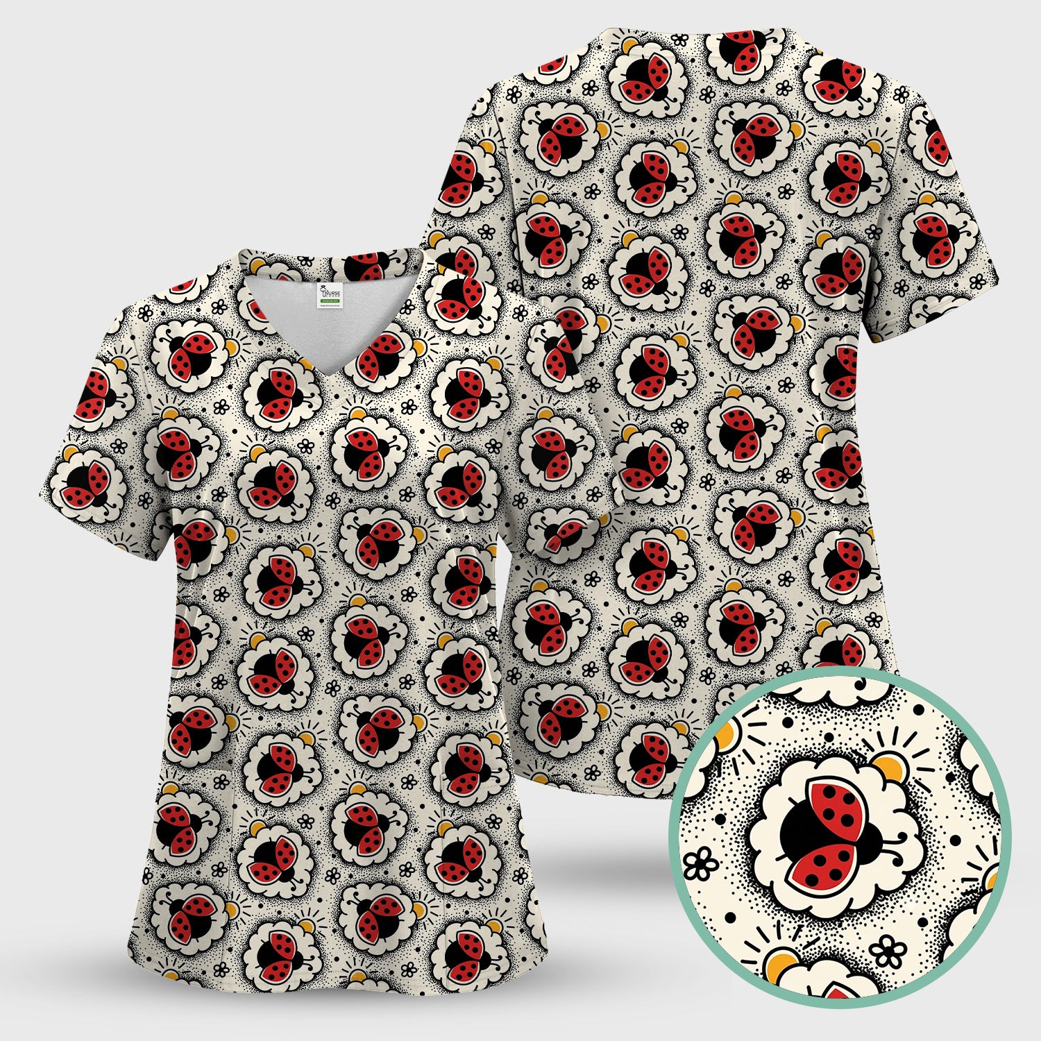 Cute Ladybug in Floral Frame Pattern Scrub Top, Breathable Fabrics Nursing Uniform
