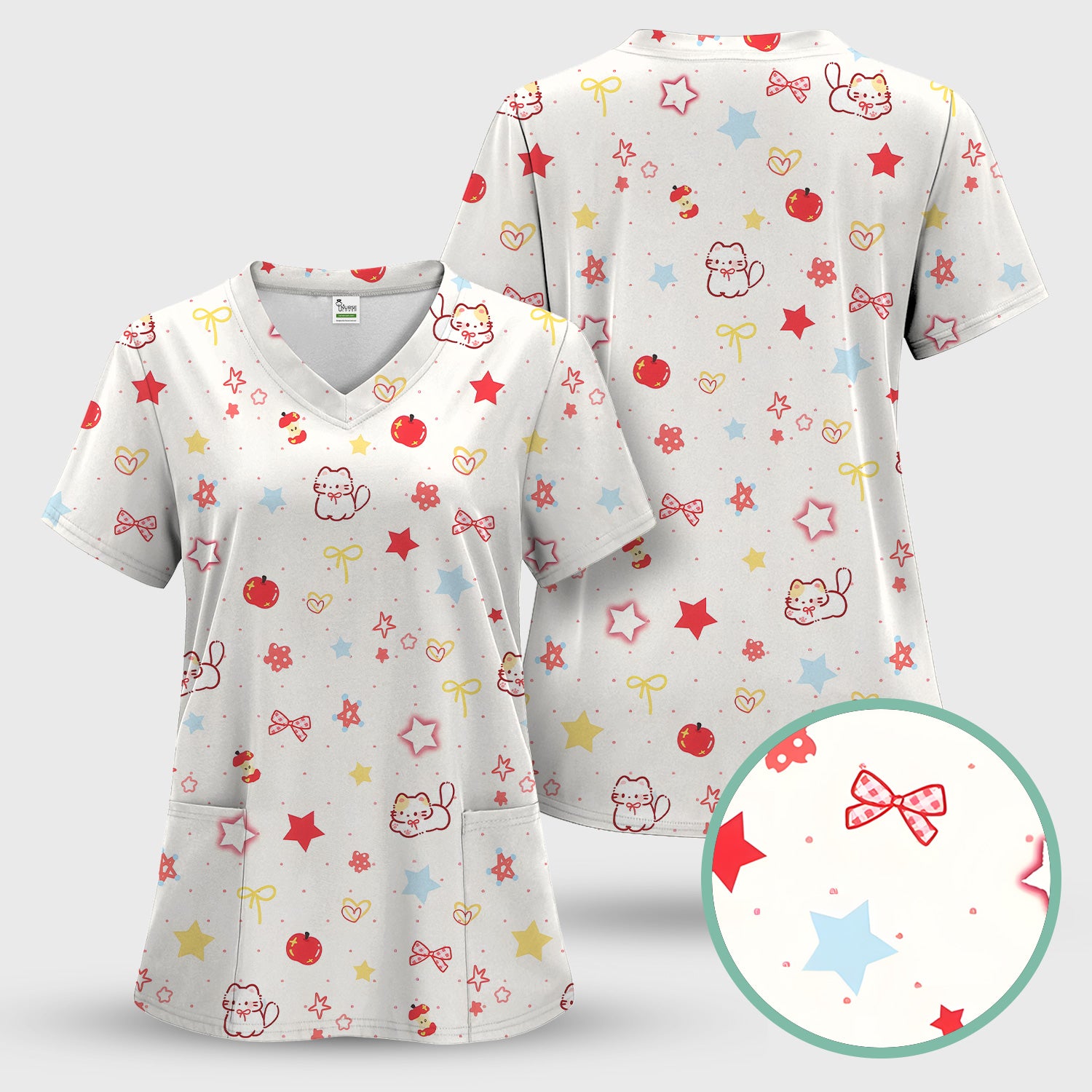 Cute Kawaii Cat Bow Star Pattern Scrub Top, Comfortable Scrubs for Nurses