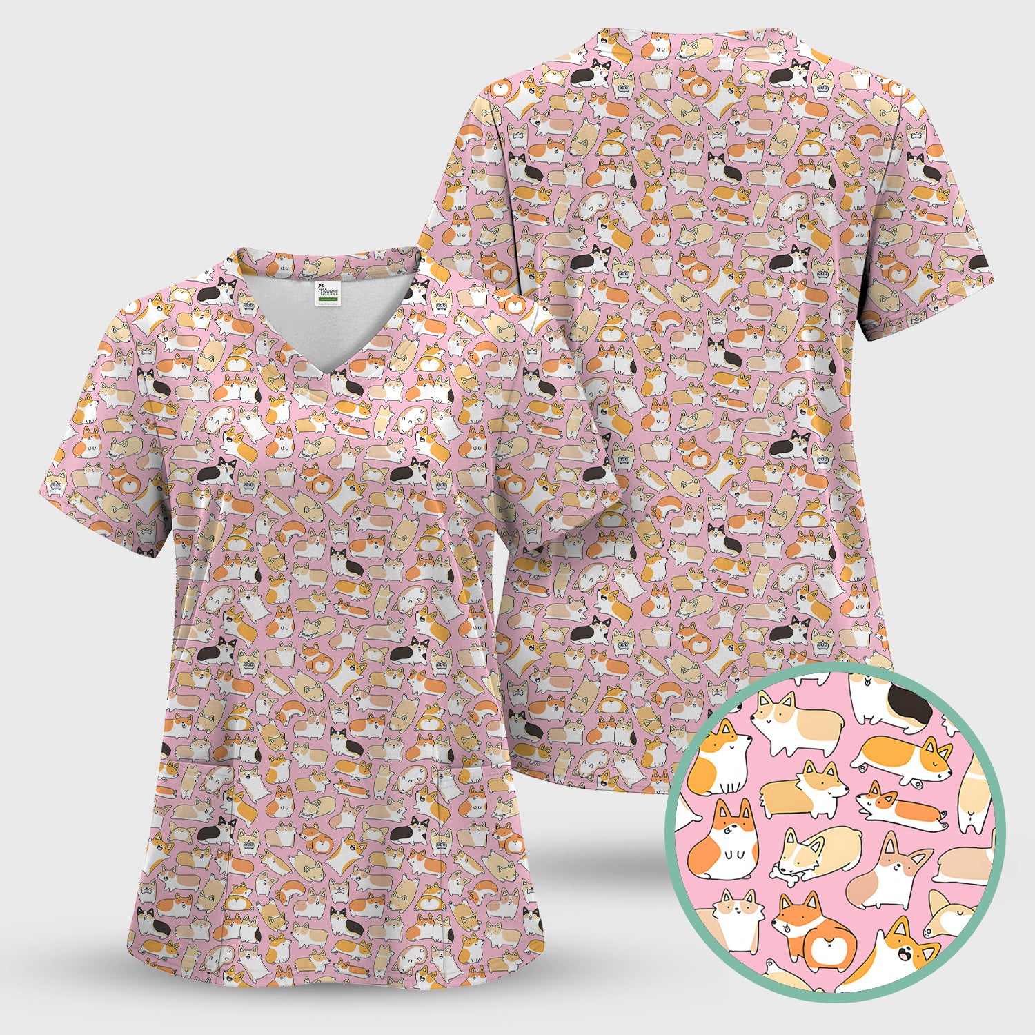 Cute Corgi Dog All Over Print Scrub Top, Comfortable Scrubs for Nurses