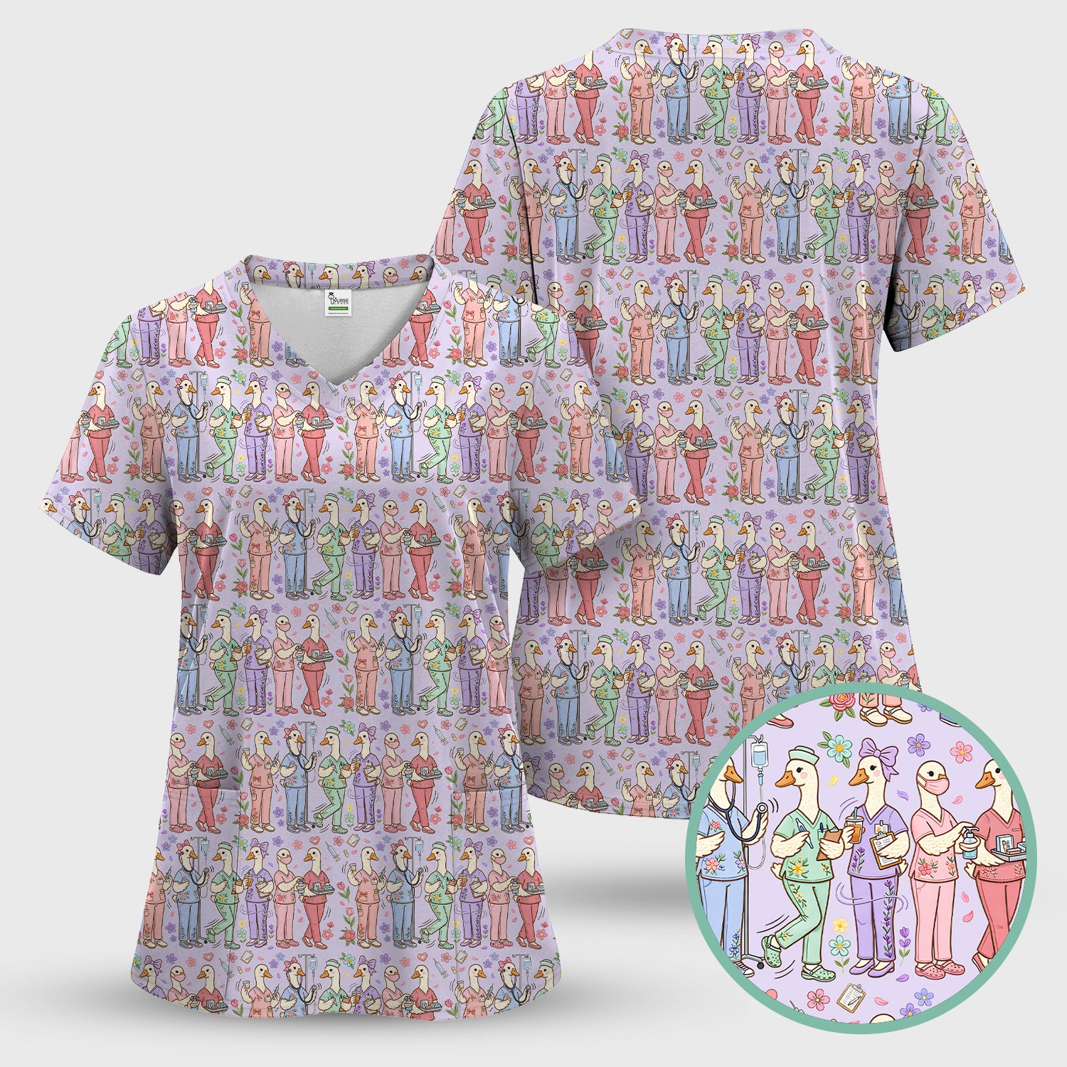 Goose Characters Floral Medical Team Uniform Pattern Scrub Top, Breathable Fabrics Nursing Uniform