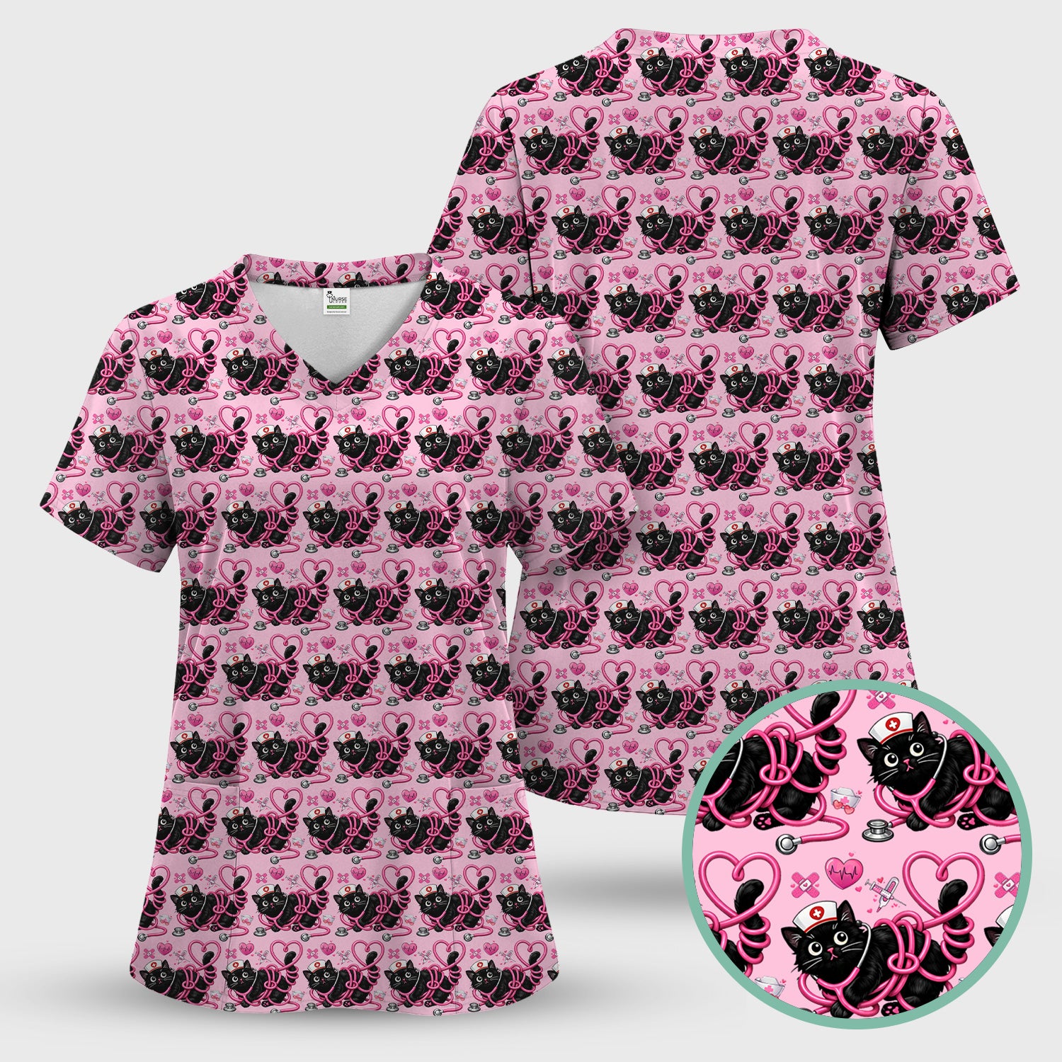 Valentine Cute Cat Nurse Heart Print Scrub Top, Comfortable Scrubs for Nurses