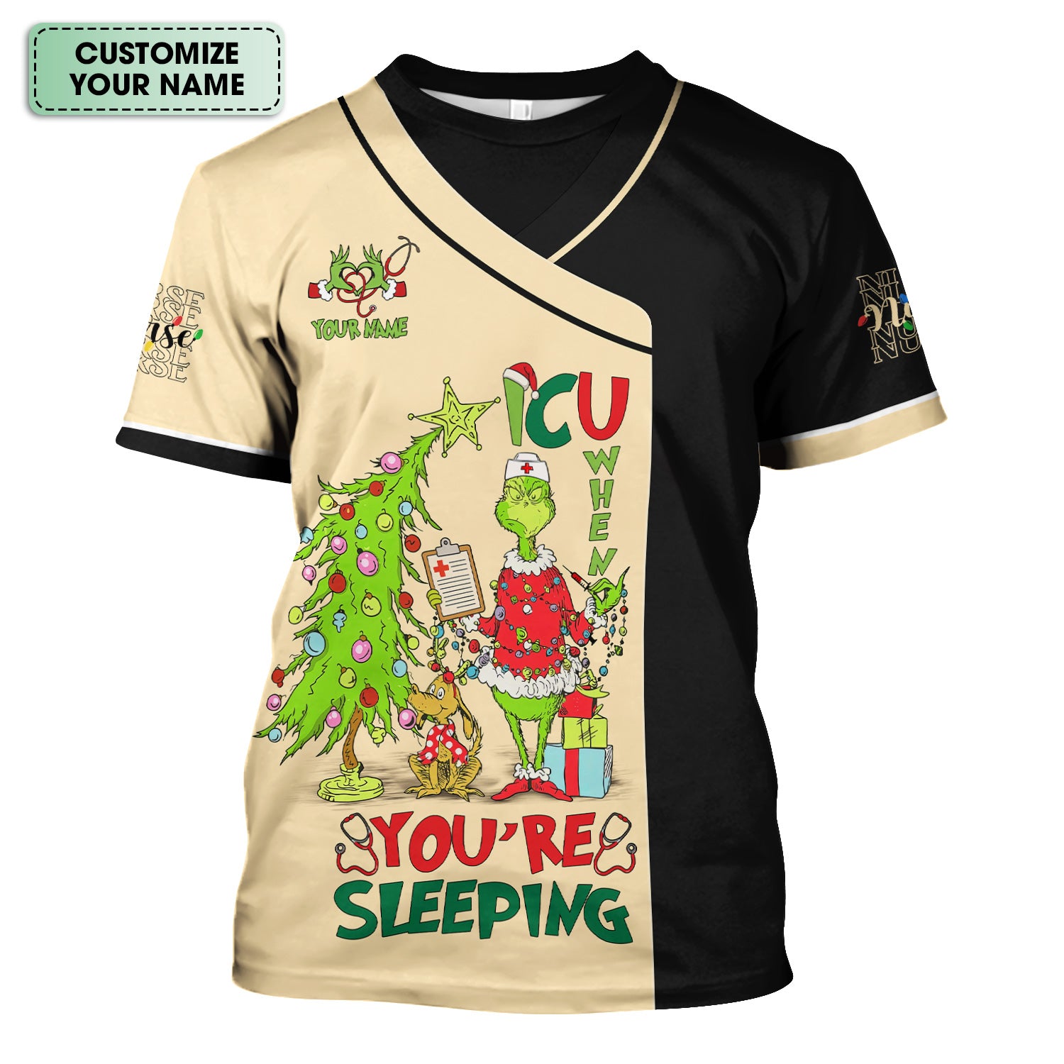 Custom Name Christmas Nurse Scrub - Grinch ICU When You’re Sleeping - LPN CNA RN Gift