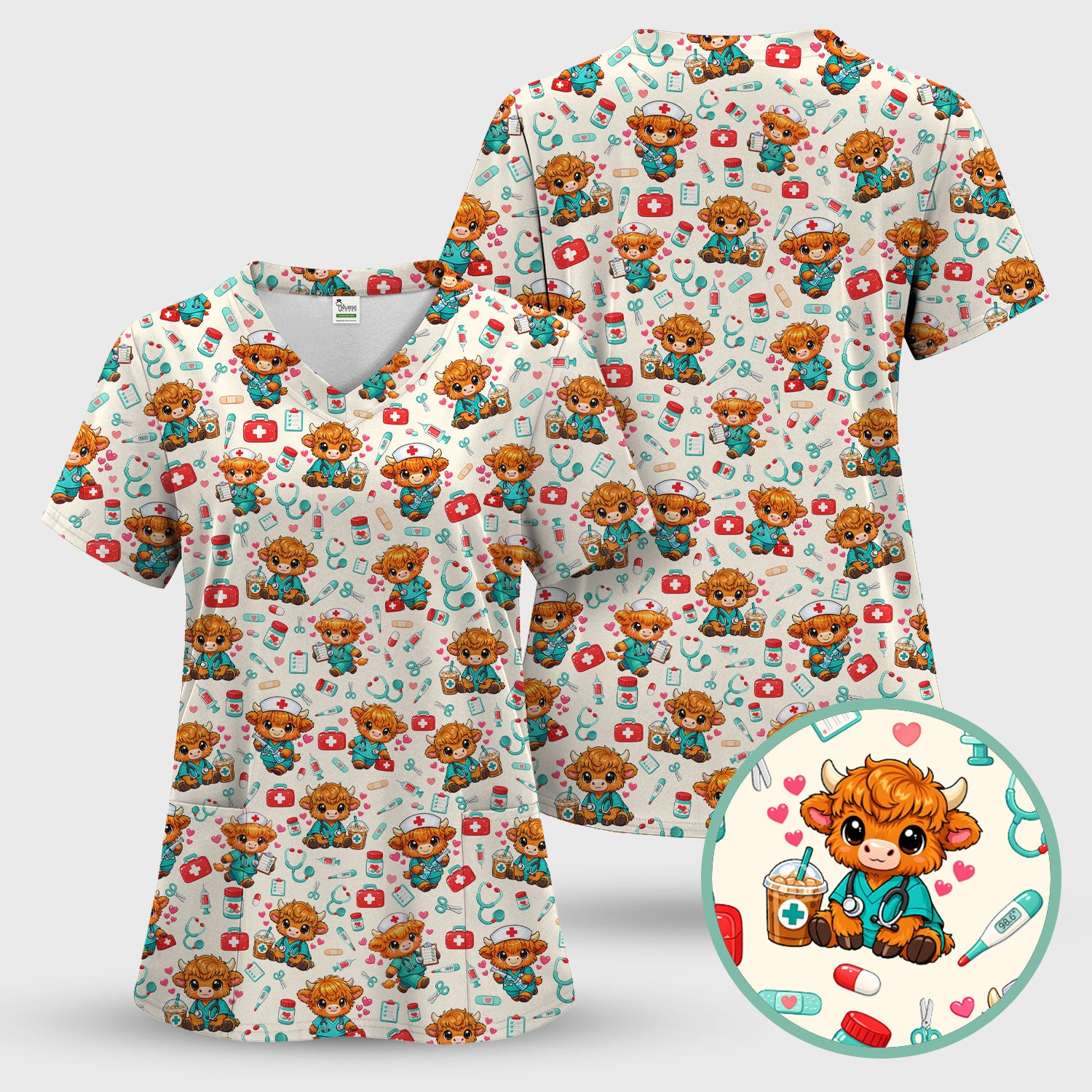 Cute Highland Cow Nurse Scrub Set, Kawaii Medical Pattern Shirt, Breathable Fabrics Nursing Uniform