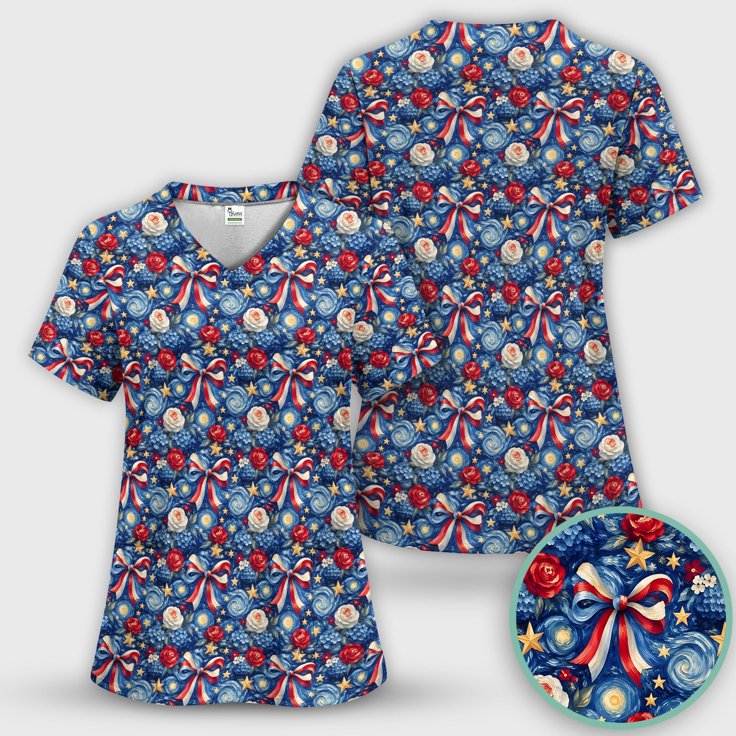 Patriotic Starry Bow Nurse for RN, CNA, Healthcare Workers Scrub Set, Scrub Pants and V Neck Top