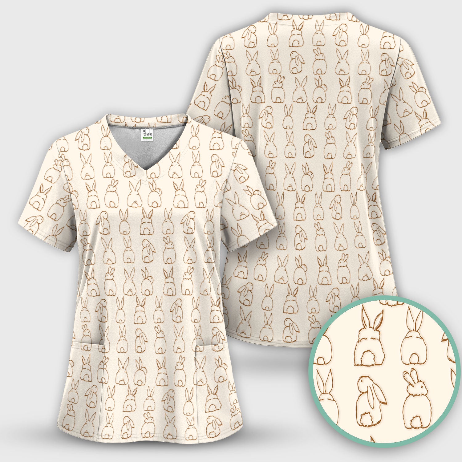 Cartoon Bunny Line Art Pattern Medical Scrub Top, Comfortable Scrubs for Nurses, Easter