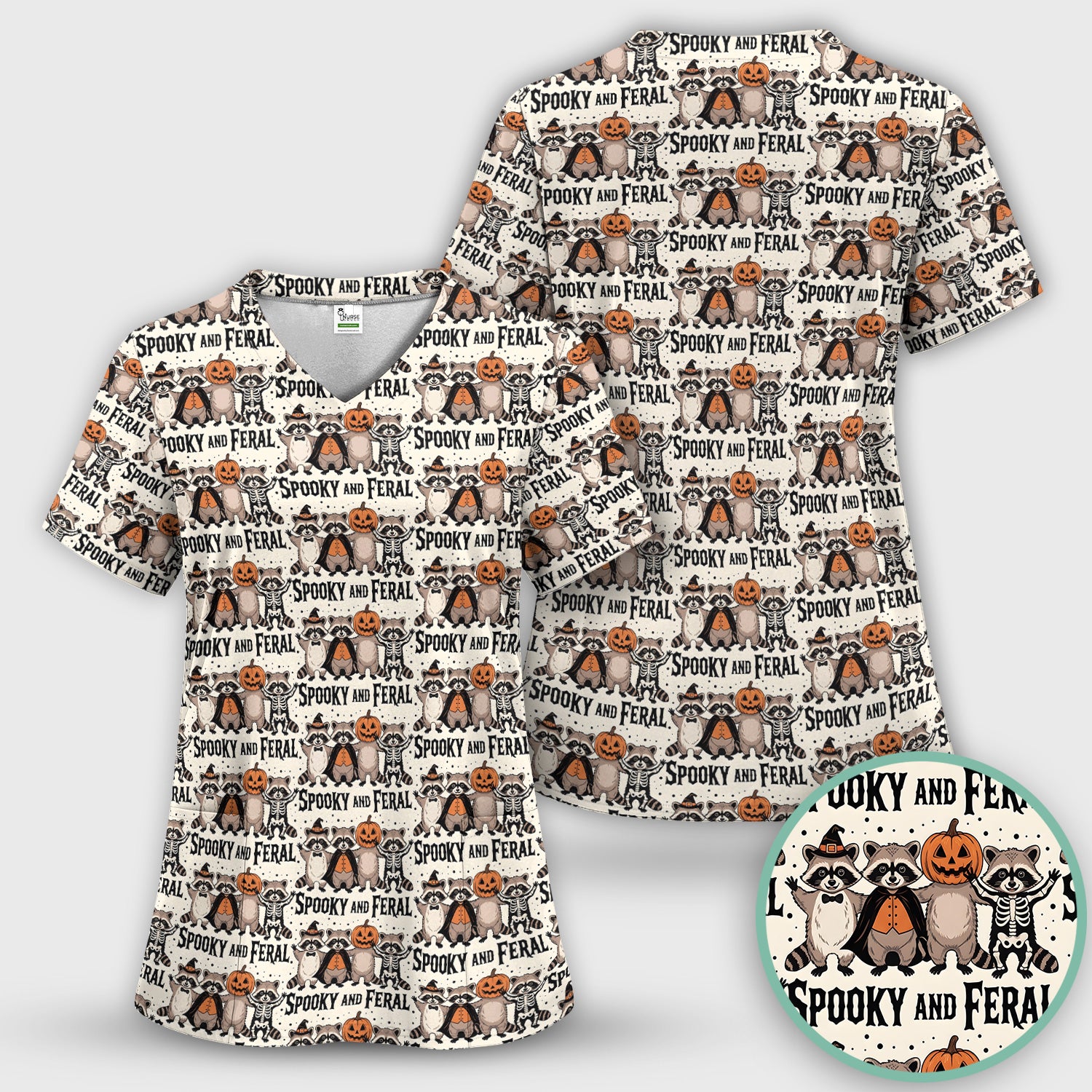 Spooky and Feral Raccoon Print Scrub Top, Comfortable Scrubs for Nurses