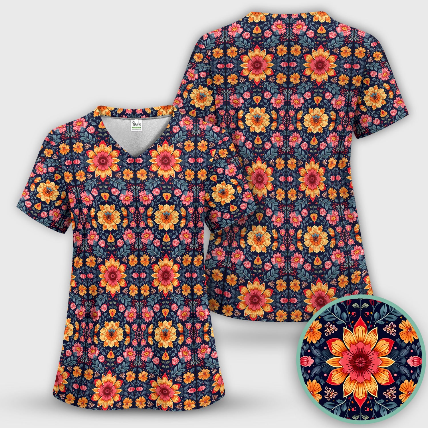 Elegant Dark Floral Pattern Scrub Set, Scrub Pants and V Neck Top