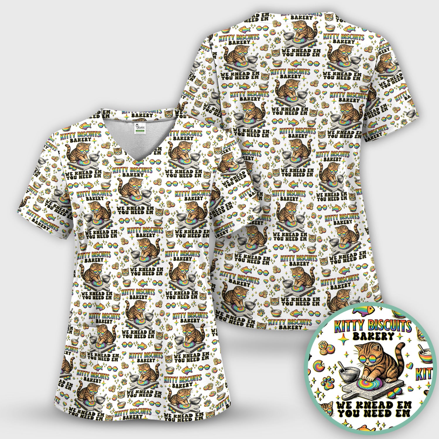 Pride Nurse Cat Baking Rainbow Dough Pattern Scrub Top, Breathable Fabrics Nursing Uniform