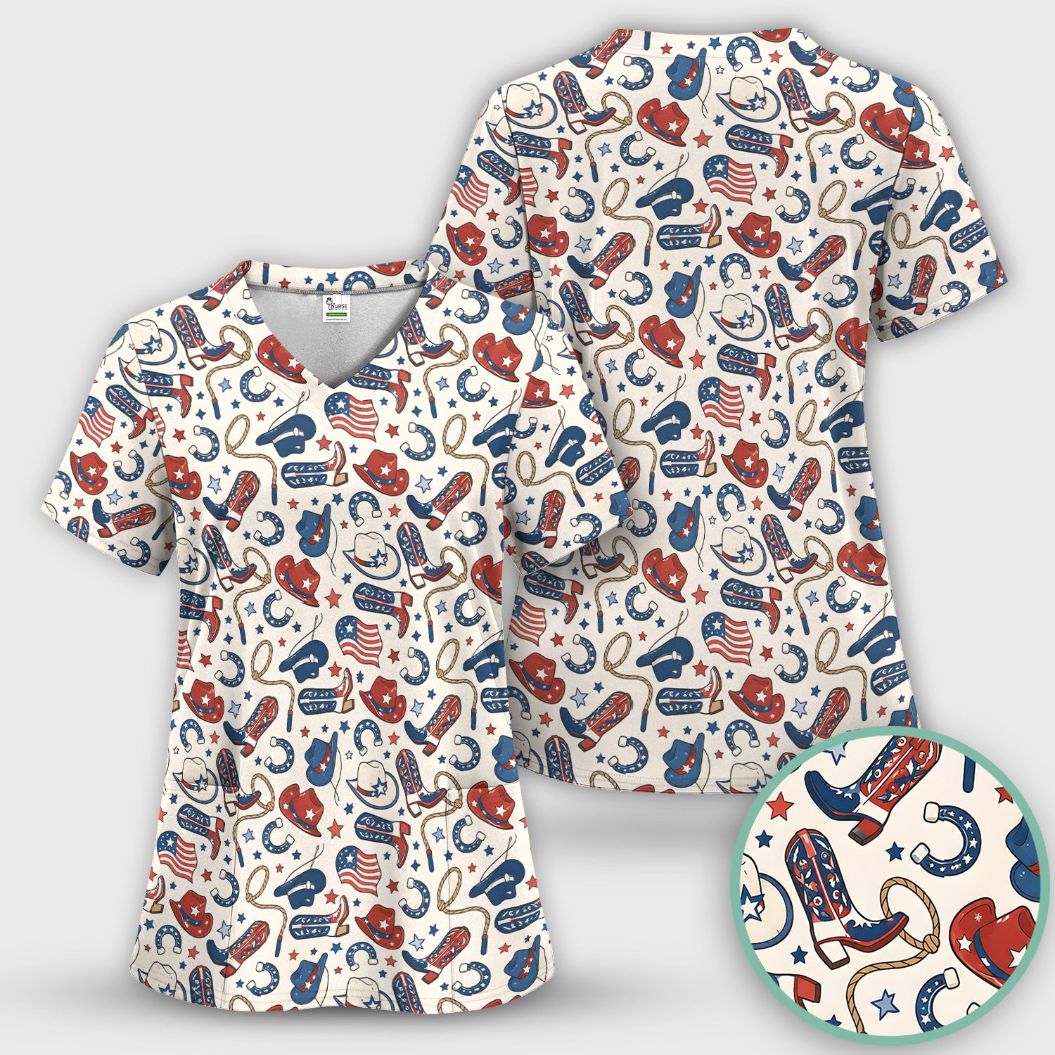 Patriotic Cowboy Boots Horseshoe Pattern Scrub Set, Scrub Pants and V Neck Top