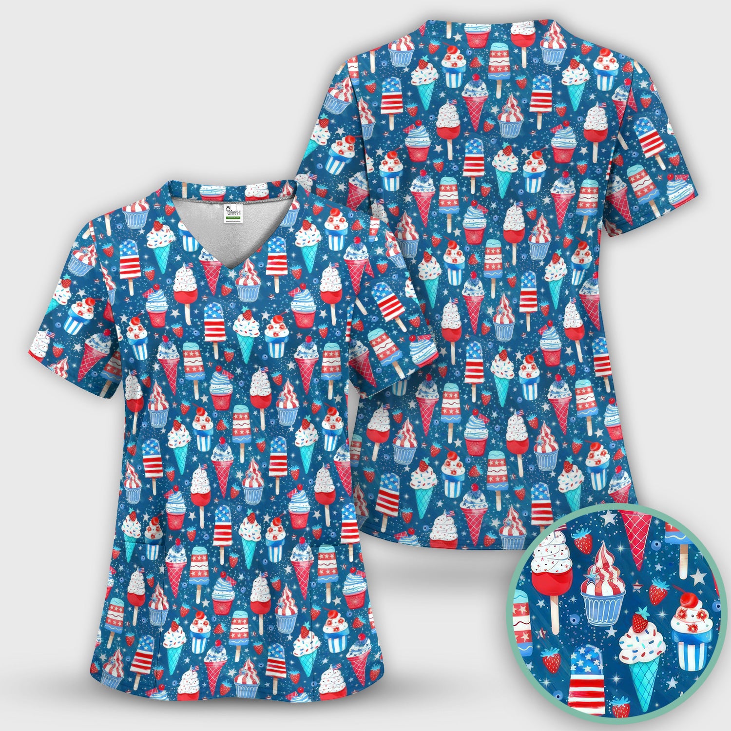 Cute Patriotic Ice Cream Popsicles With USA Flag Dessert Scrub Set, Scrub Pants and V Neck Top