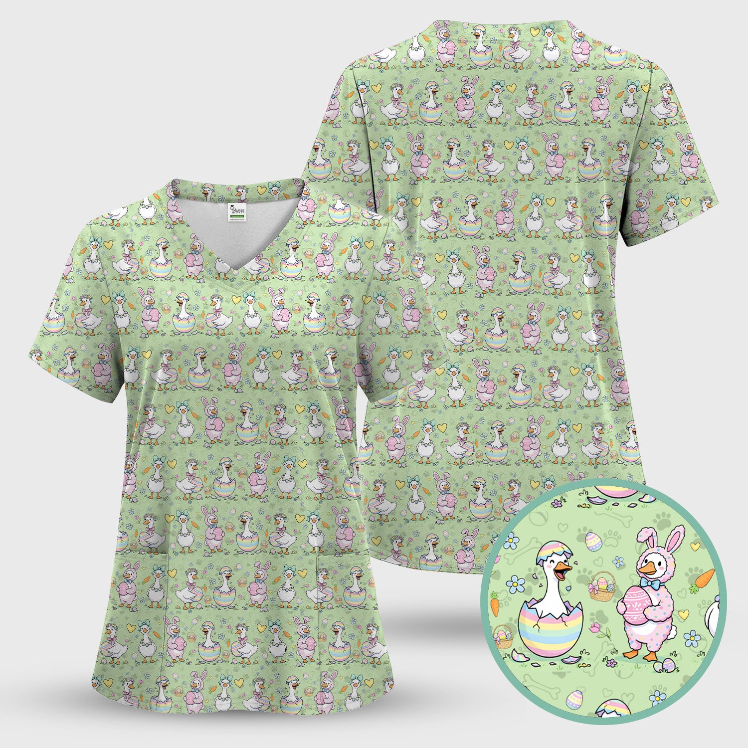 Pastel Easter Goose Bunny Egg Pattern Scrub Top, Comfortable Scrubs for Nurses