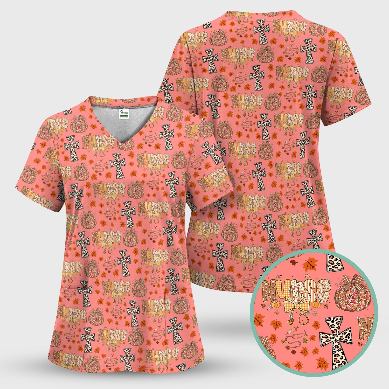 I Will Praise Him In Every Season - Boho Pumpkin Leopard Cross Fall Scrub Top for Nurse - Thanksgiving Med Uniform for Women