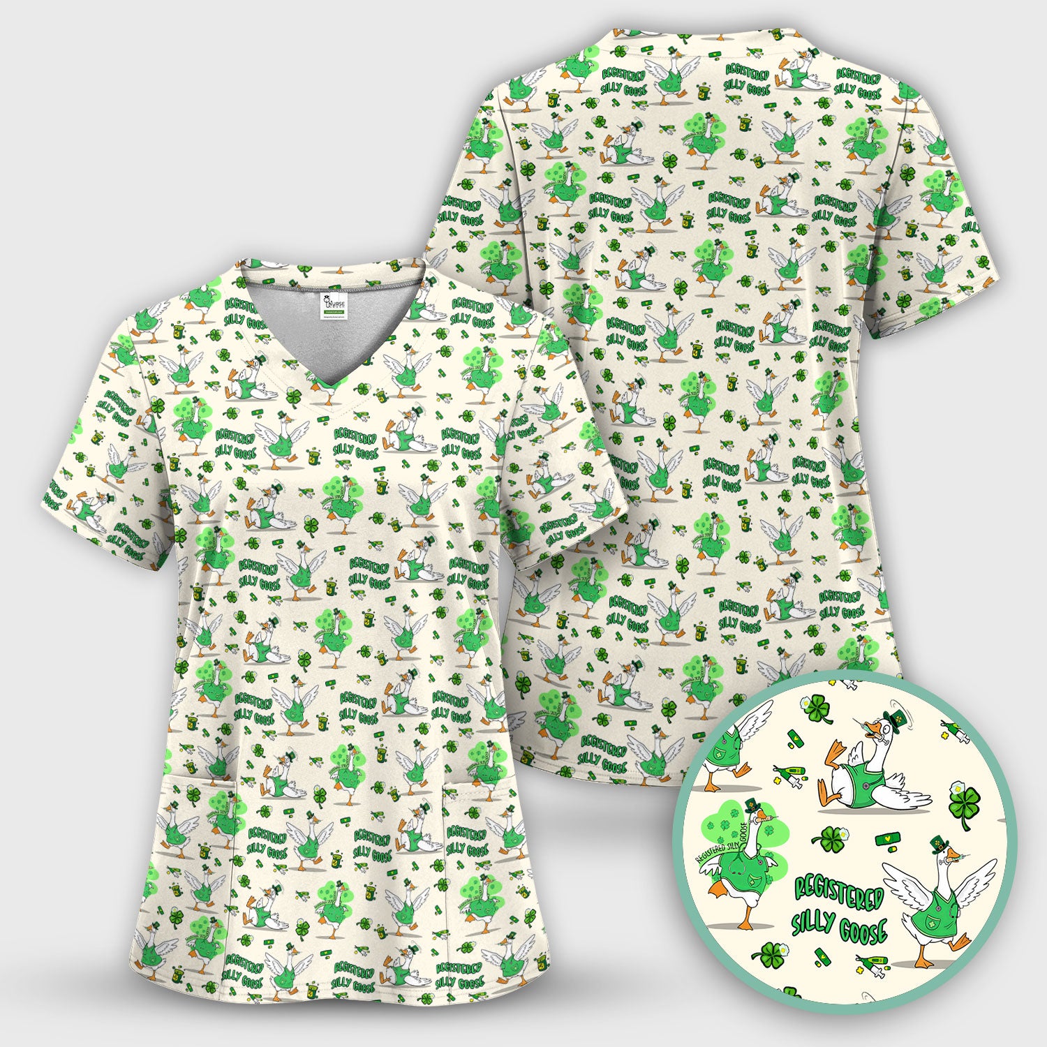 Silly Goose St. Patrick’s Day Scrub Top, Funny Goose Shamrock Pattern Nurse Scrub Shirt, Irish Green Nursing Uniform