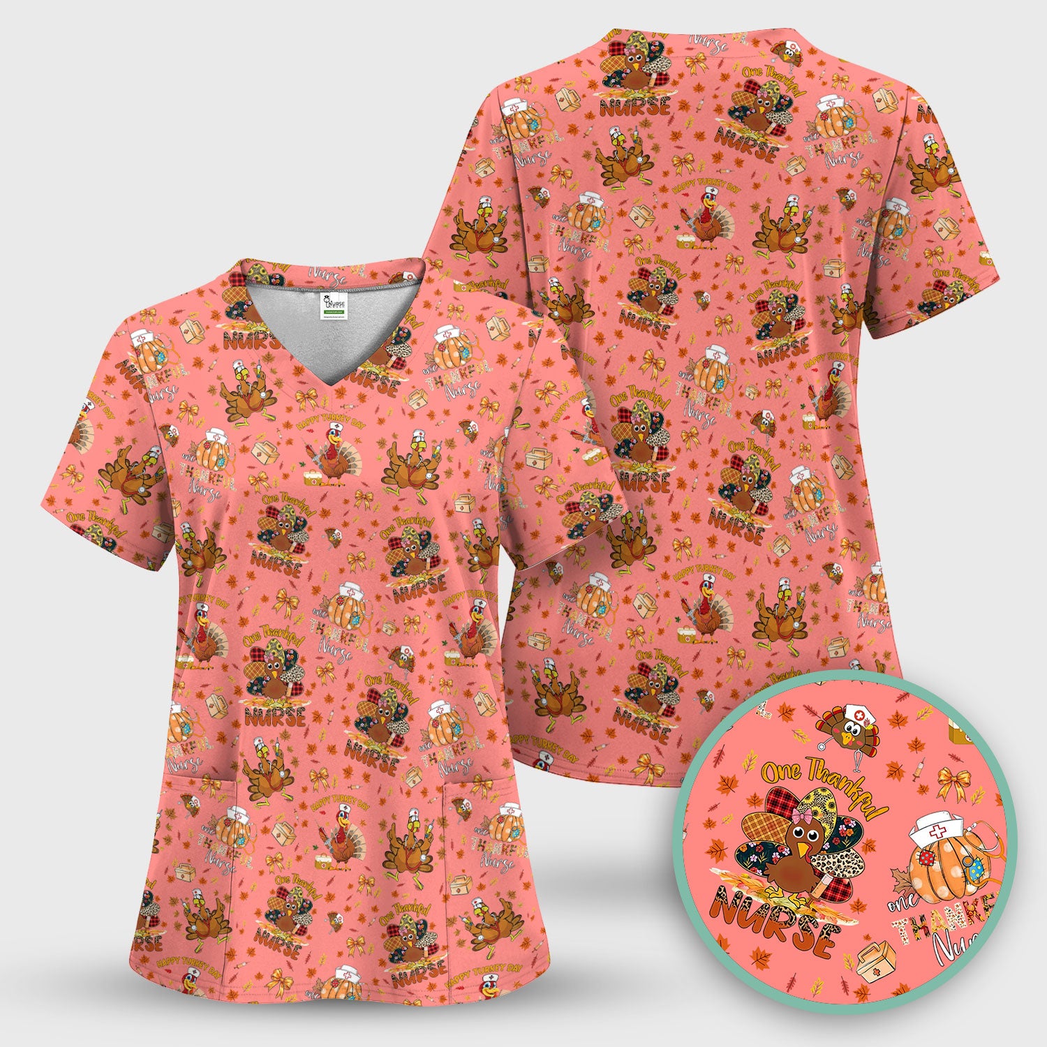 Thanksgiving Nurse Shirt for Women - Turkey Pumpkin Scrub Top for Nurses - Fall Med Uniform for RN CNA LPN