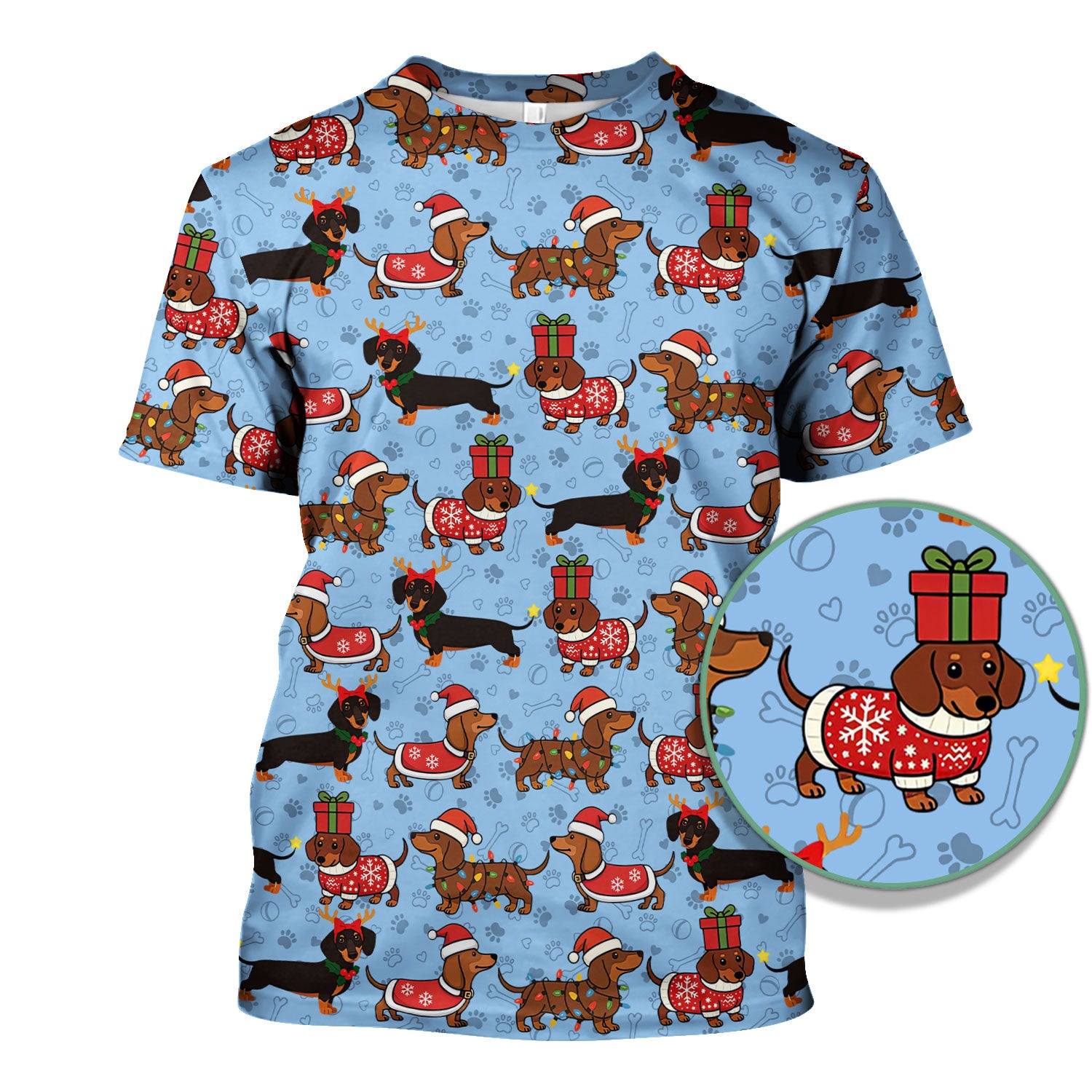 Christmas Dachshund T-Shirt Multi Color - Cute Sausage Dog Wearing Santa Outfit - Funny Holiday Wiener Dog Tee Gift for Dog Lovers