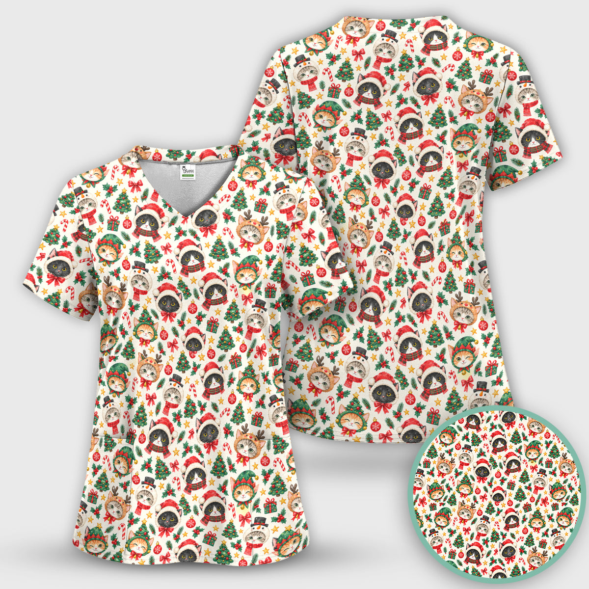 Christmas Cats And Trees Pattern Scrub Set, Scrub Pants and V Neck Top