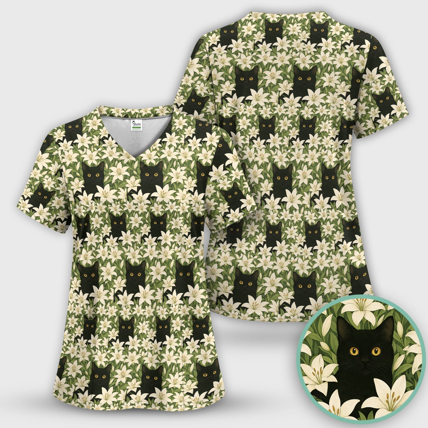 Black Cat Hidden In Lily Garden Pattern Scrub Top, Comfortable Scrubs for Nurses