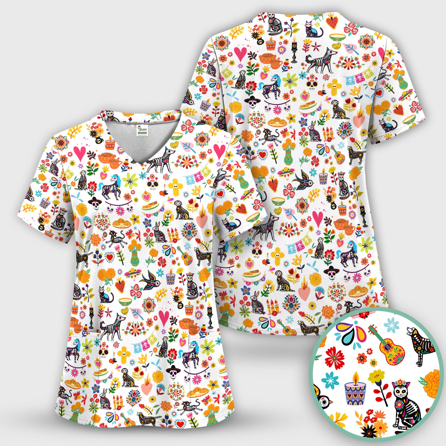 Day Of The Dead Sugar Skull Print Scrub Set, Scrub Pants and V Neck Top