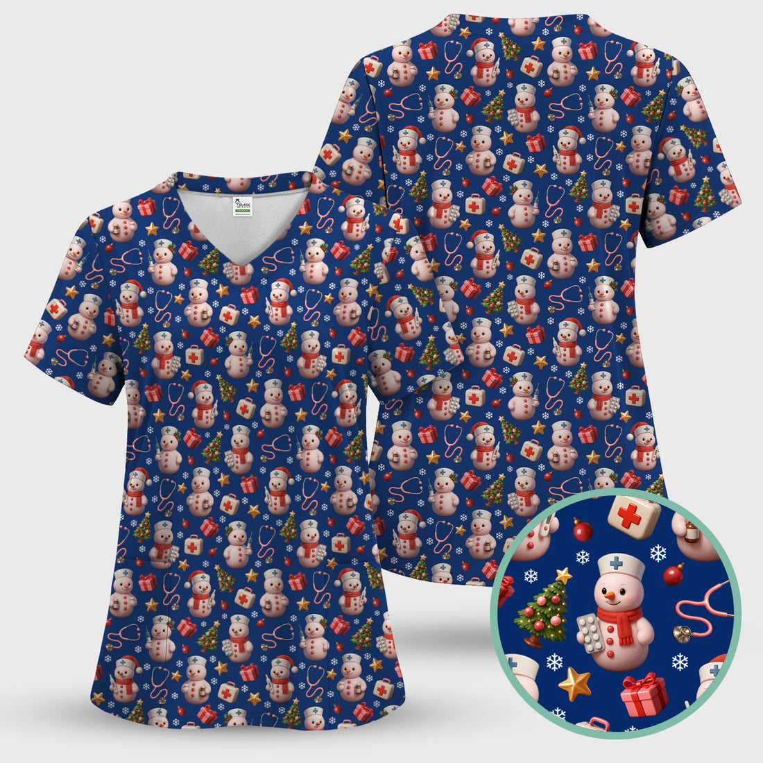 Snowman Pattern Christmas Nurse Scrub Top - Cute Holiday Medical Shirt - Funny Festive Scrubs Gift for RN LPN CNA Nurses